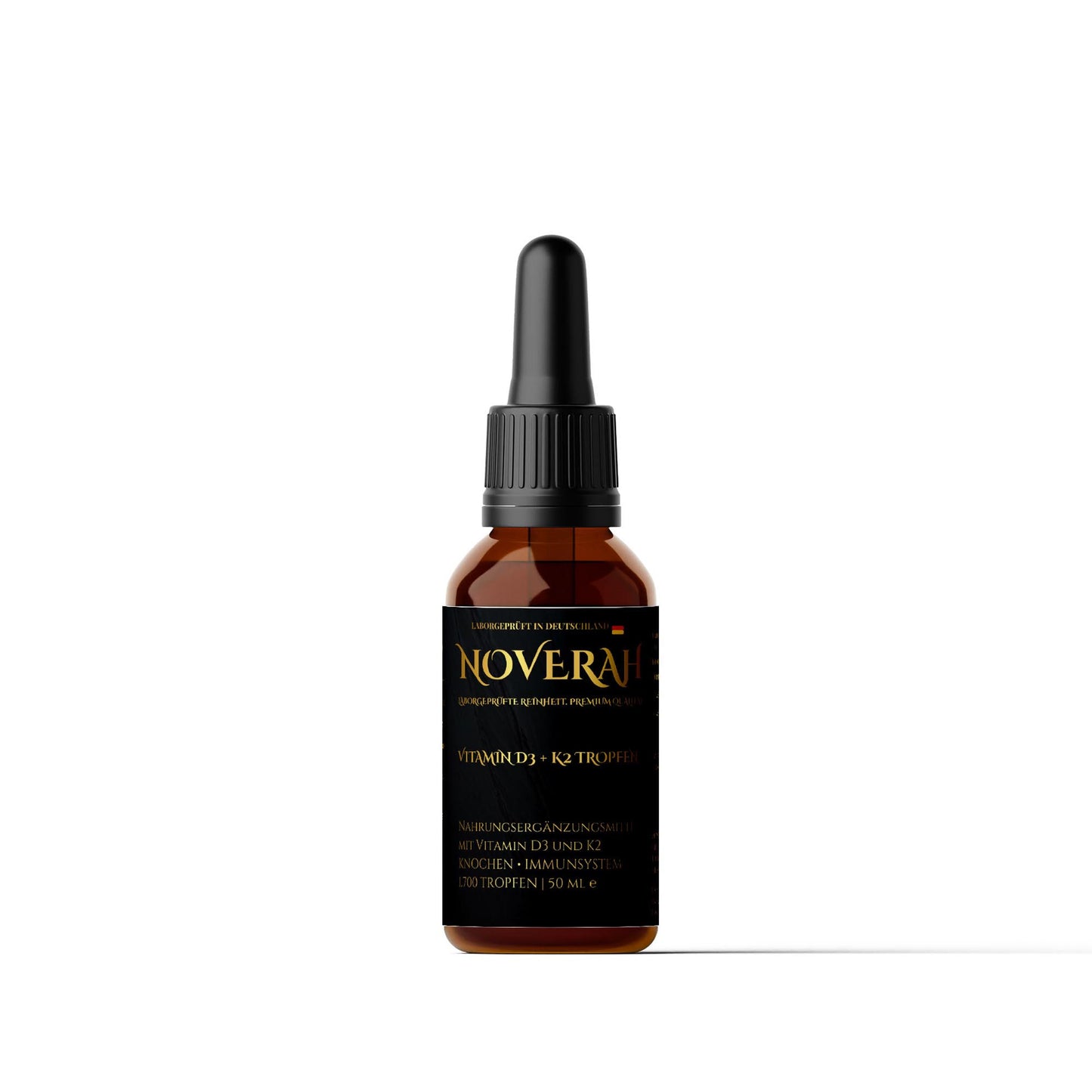 NOVERAH Vitamin D3 + K2 Tropfen – Tropfen-Flasche Frontansicht. Laborgeprüfte Reinheit. Premium Qualität.