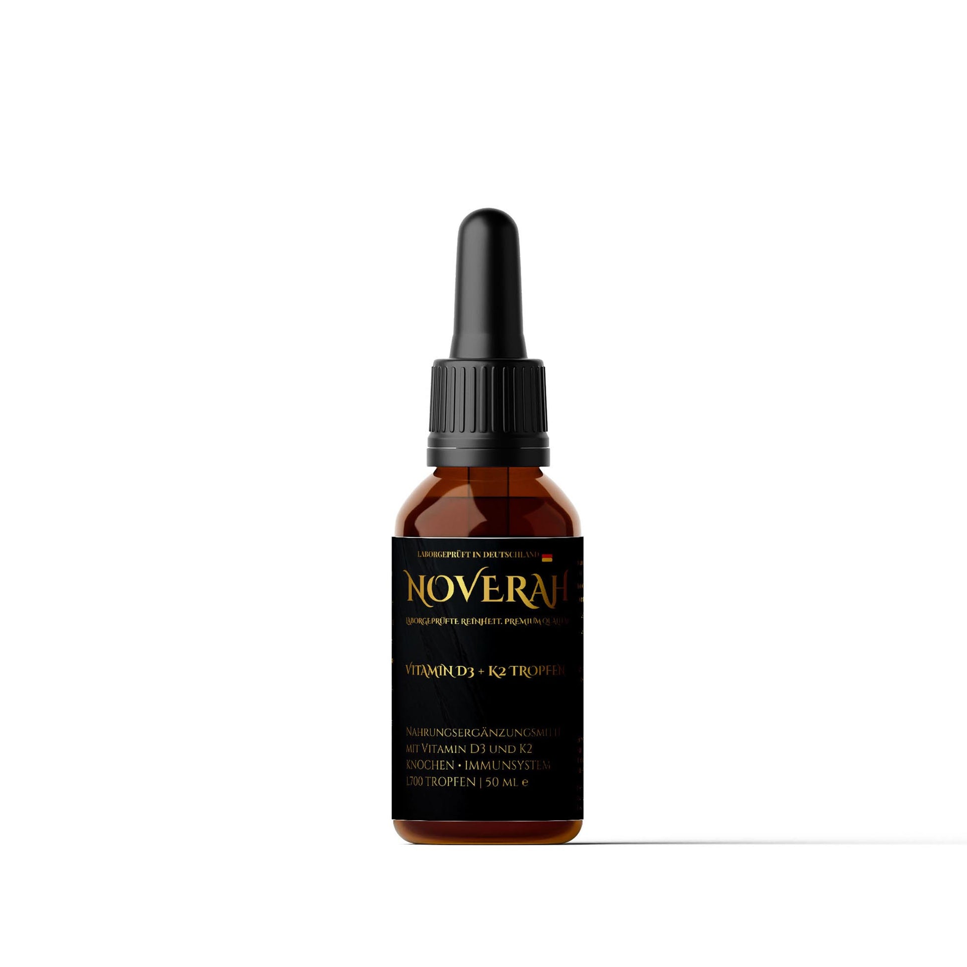 NOVERAH Vitamin D3 + K2 Tropfen – Tropfen-Flasche Frontansicht. Laborgeprüfte Reinheit. Premium Qualität.