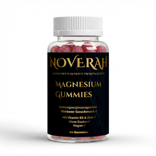 NOVERAH Magnesium + Zink + B6 Gummies – Vegane Gummies Frontansicht. Laborgeprüfte Reinheit. Premium Qualität.