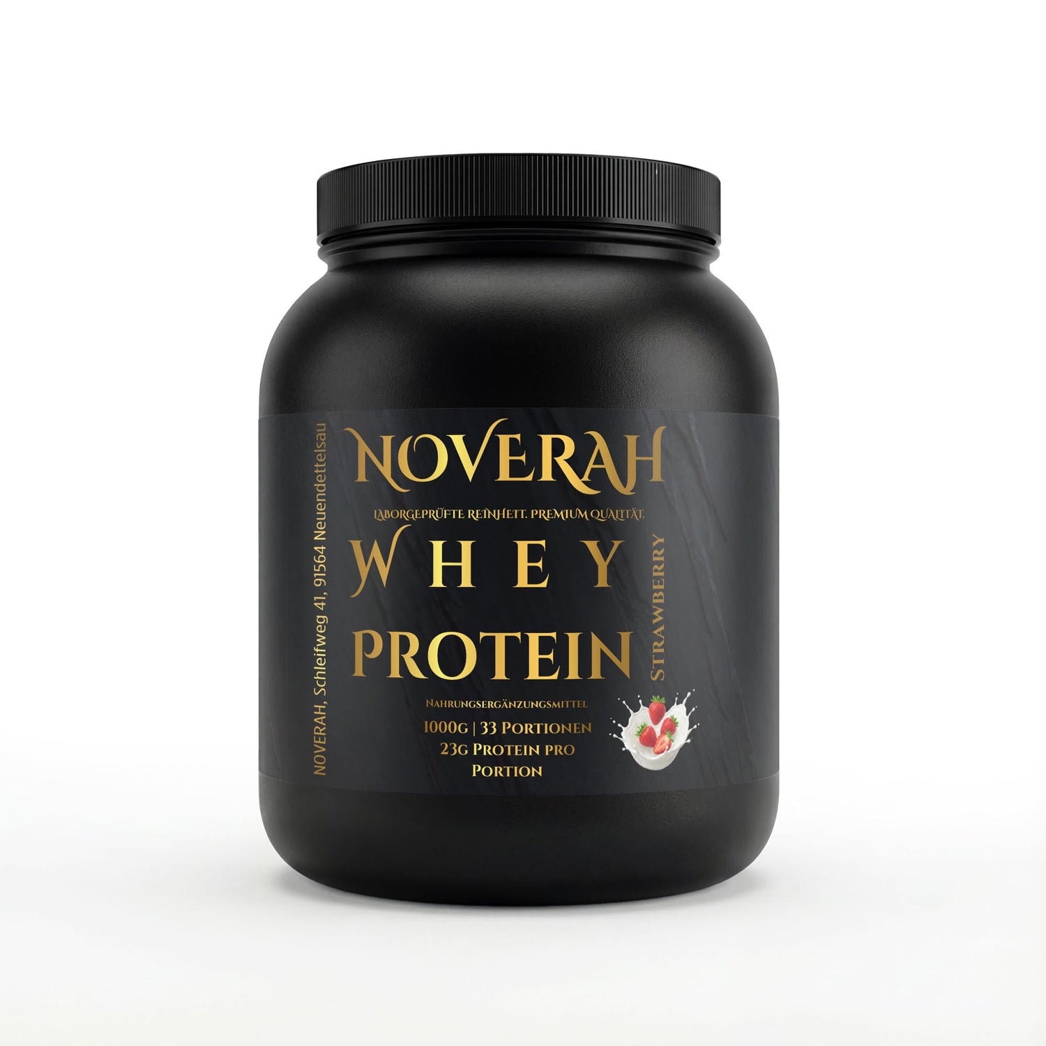 NOVERAH Whey Protein Pulver – Proteinpulver Frontansicht. Laborgeprüfte Reinheit. Premium Qualität.