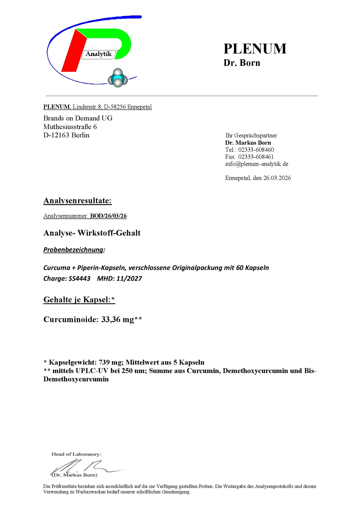 Laborbericht zu NOVERAH Curcuma Piperin Kapseln mit unabhaengig gepruefter Qualitaet und Analysewerten – NOVERAH
