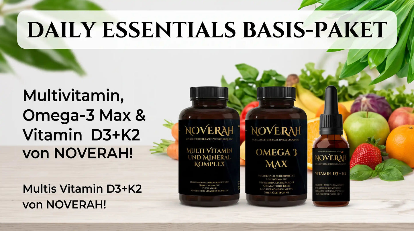 NOVERAH Daily Essentials Basis-Paket – Multivitamin, Omega-3 Max & Vitamin D3+K2 im Set. Laborgeprüfte Reinheit. Premium Qualität.
