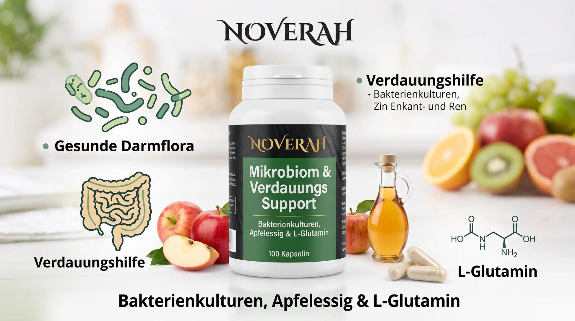 NOVERAH Mikrobiom & Verdauungs Support – Bakterienkulturen, Apfelessig-Extrakt & L-Glutamin im Set. Laborgeprüfte Reinheit. Premium Qualität.