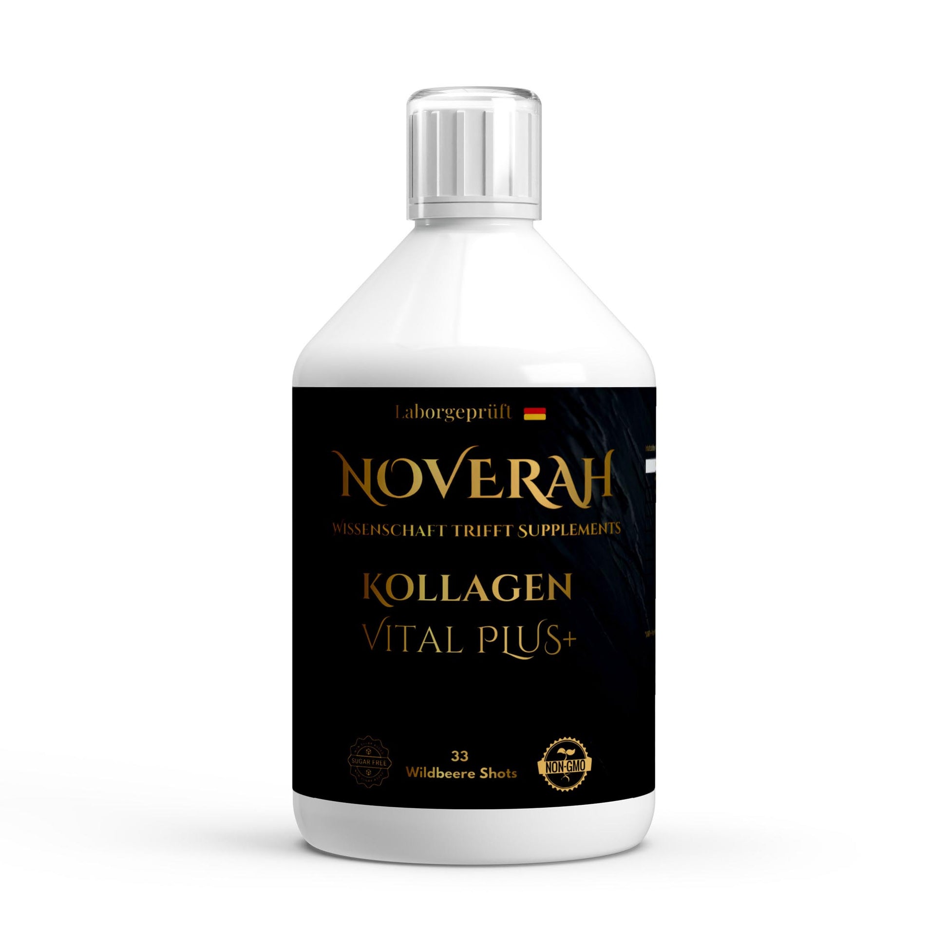 NOVERAH Kollagen Vital PLUS+ Shot – Shot-Flasche Frontansicht. Laborgeprüfte Reinheit. Premium Qualität.