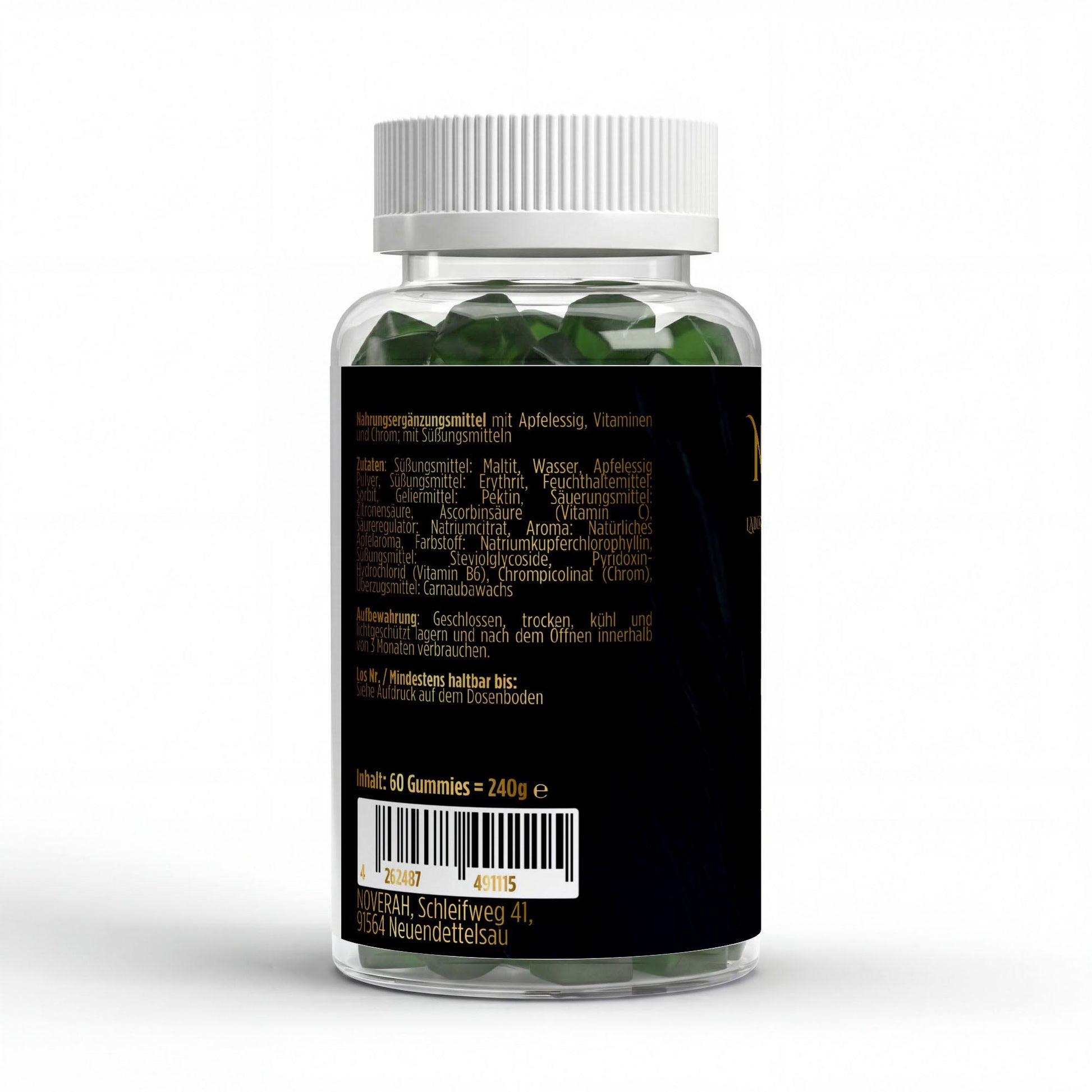 NOVERAH Apfelessig Gummies – Produktdetail mit Nährwertangaben. Laborgeprüfte Reinheit. Premium Qualität.