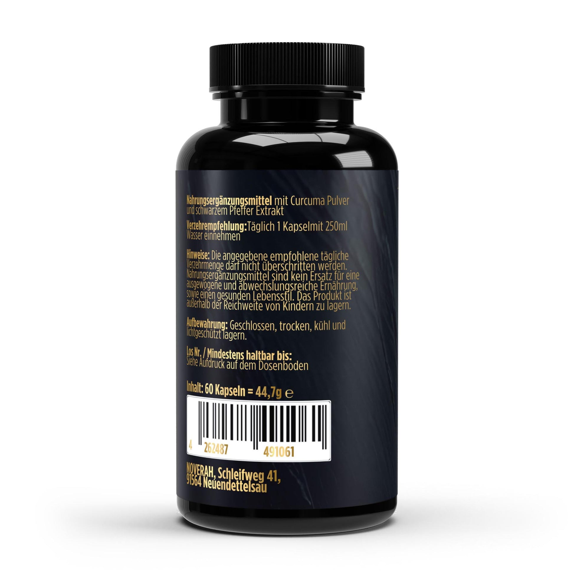 NOVERAH Curcuma + Piperin – Produktdetail mit Nährwertangaben Rückseitenansicht. Laborgeprüfte Reinheit. Premium Qualität.