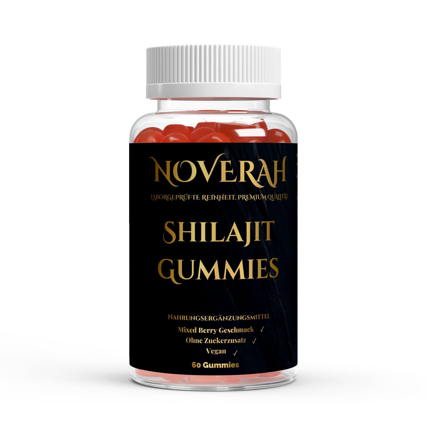 NOVERAH Shilajit + Vitamine Gummies – Vegane Gummies Frontansicht. Laborgeprüfte Reinheit. Premium Qualität.