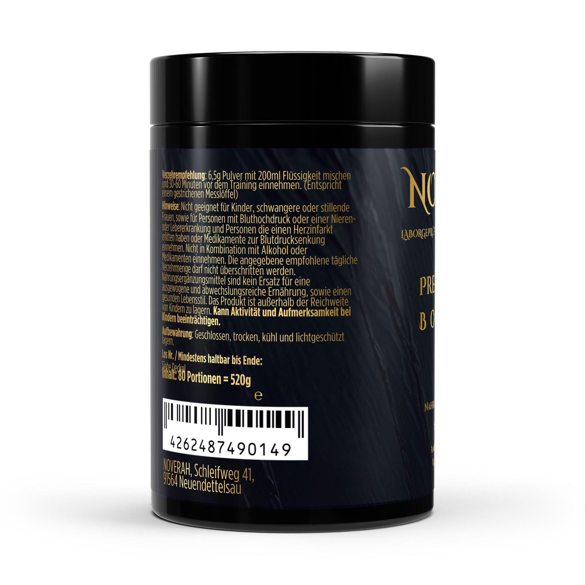 NOVERAH Pre-Workout Booster – Produktdetail mit Nährwertangaben. Laborgeprüfte Reinheit. Premium Qualität.