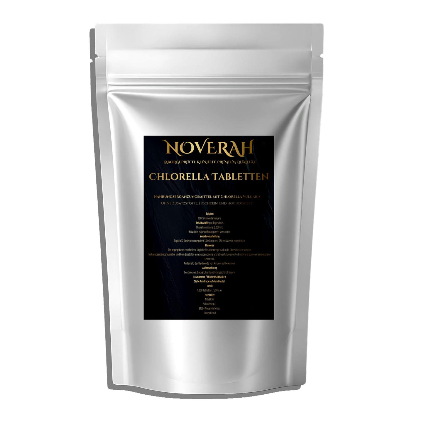 NOVERAH Chlorella Vulgaris – Tabletten Frontansicht. Laborgeprüfte Reinheit. Premium Qualität.