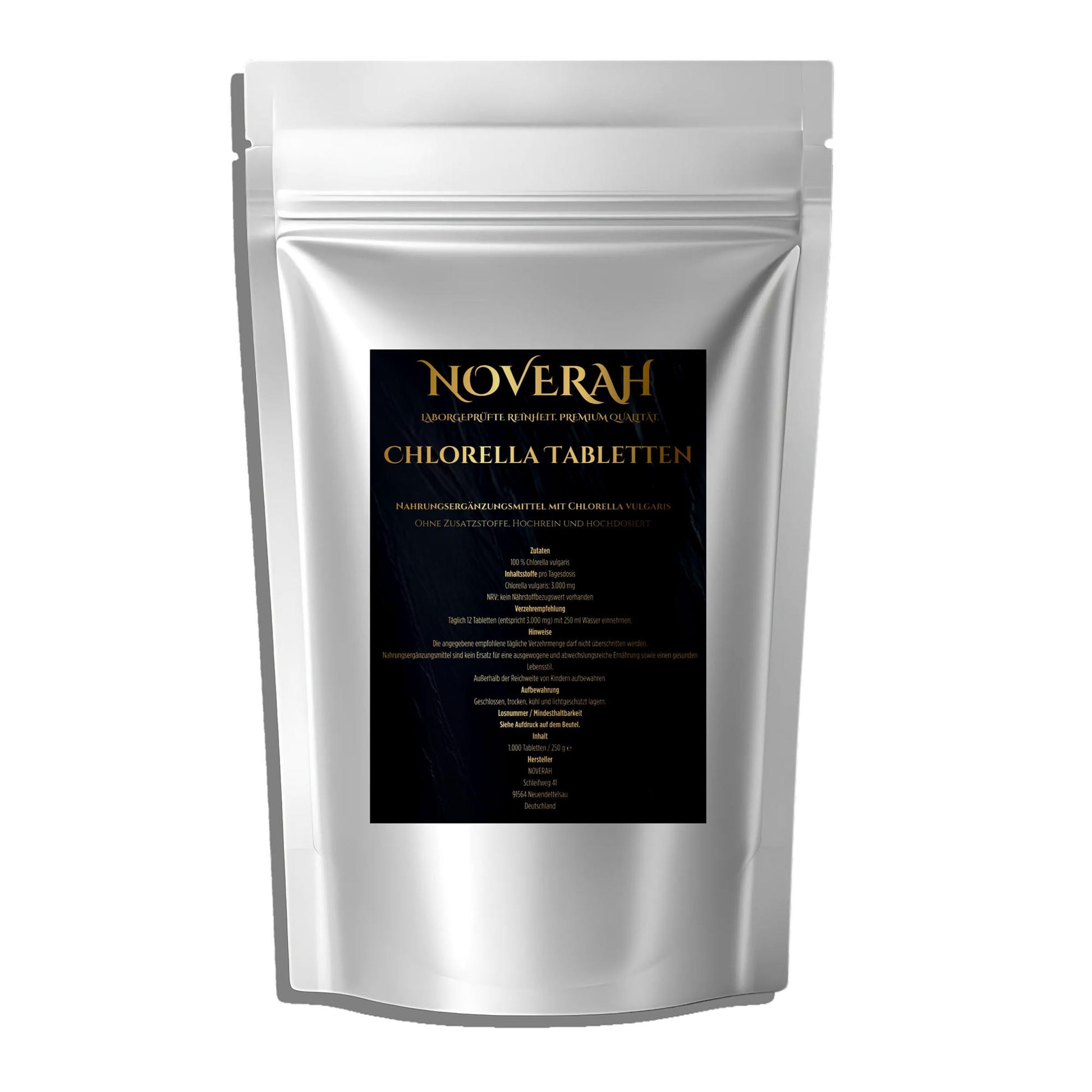 NOVERAH Chlorella Vulgaris – Tabletten Frontansicht. Laborgeprüfte Reinheit. Premium Qualität.