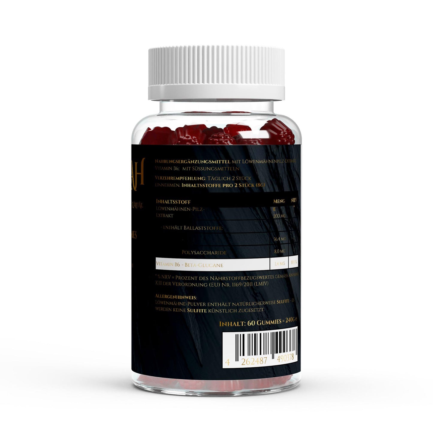 NOVERAH Löwenmähne Gummies – Produktdetail mit Nährwertangaben. Laborgeprüfte Reinheit. Premium Qualität.