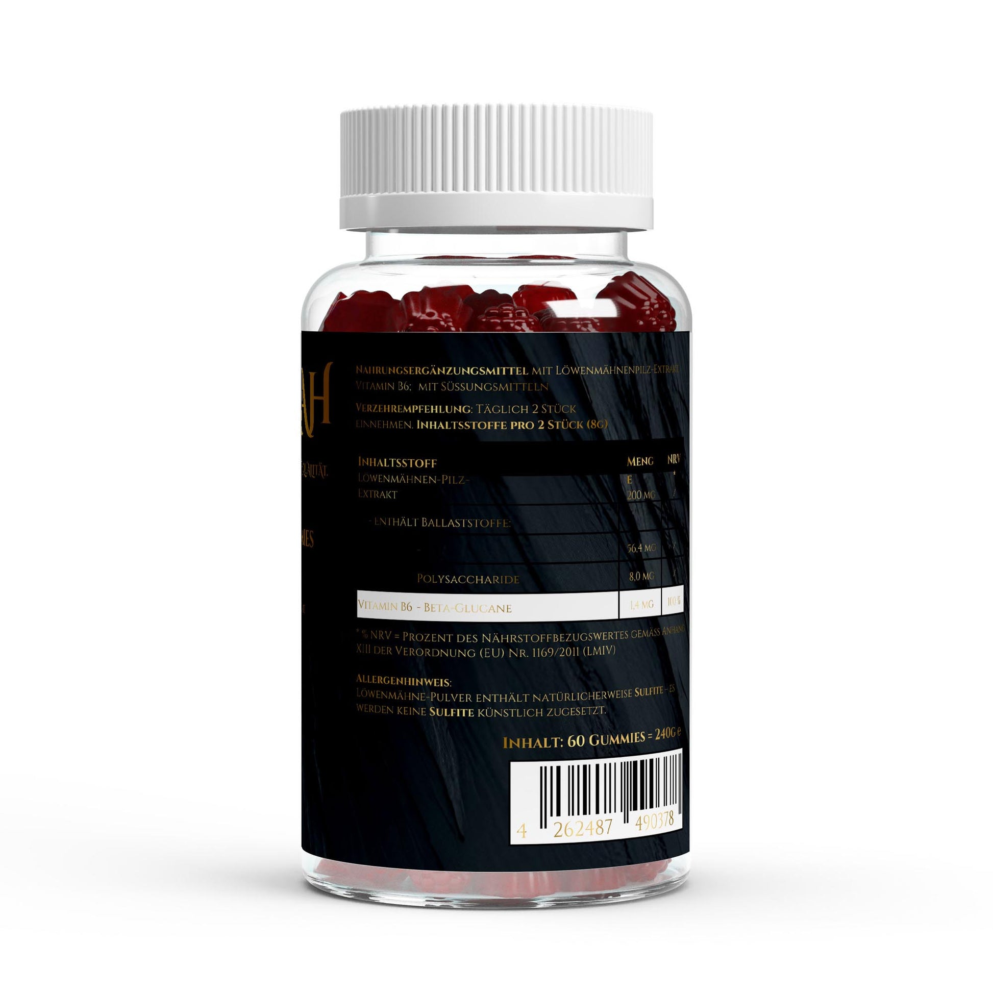 NOVERAH Löwenmähne Gummies – Produktdetail mit Nährwertangaben. Laborgeprüfte Reinheit. Premium Qualität.