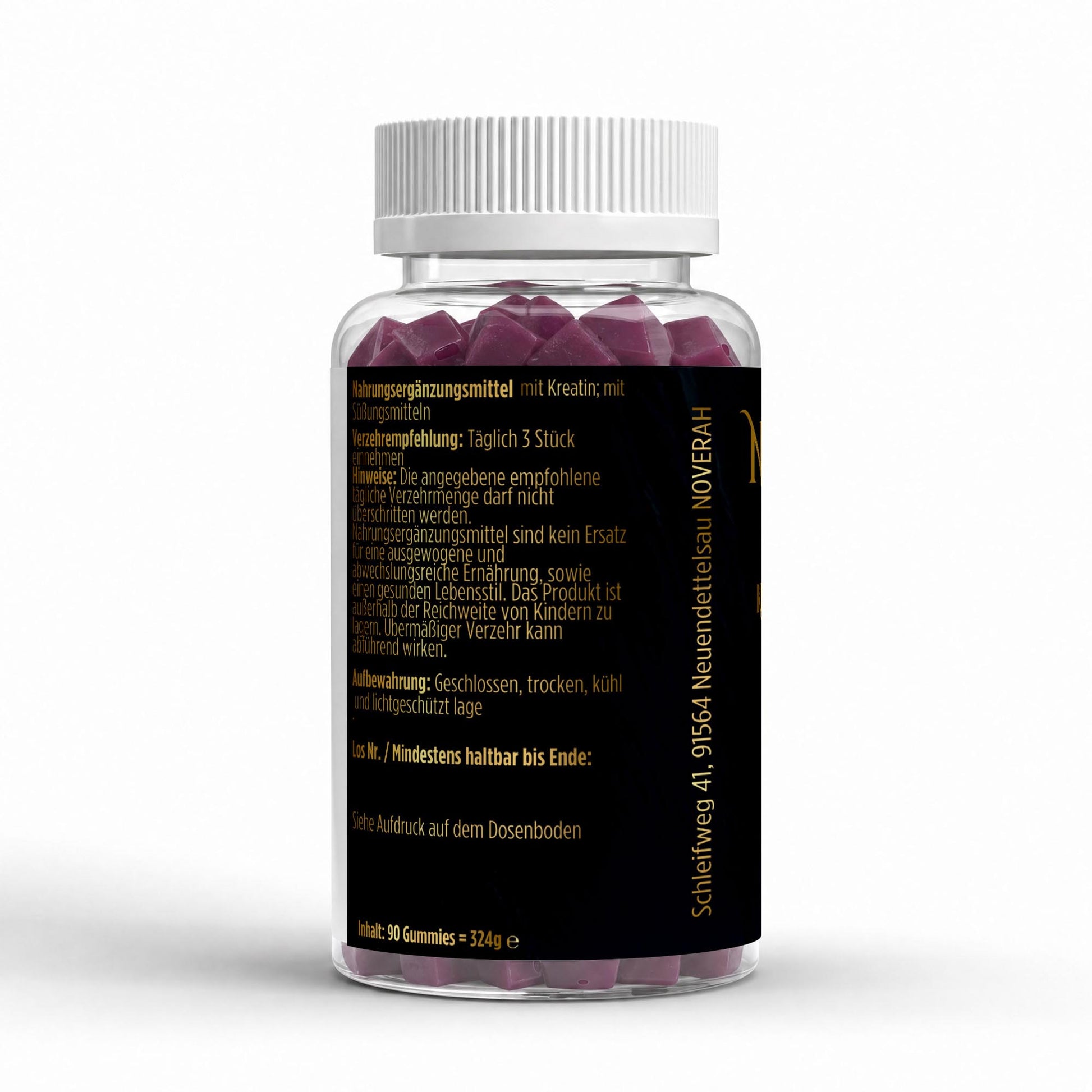 NOVERAH Kreatin Gummies Kirsche – Produktdetail mit Nährwertangaben. Laborgeprüfte Reinheit. Premium Qualität.