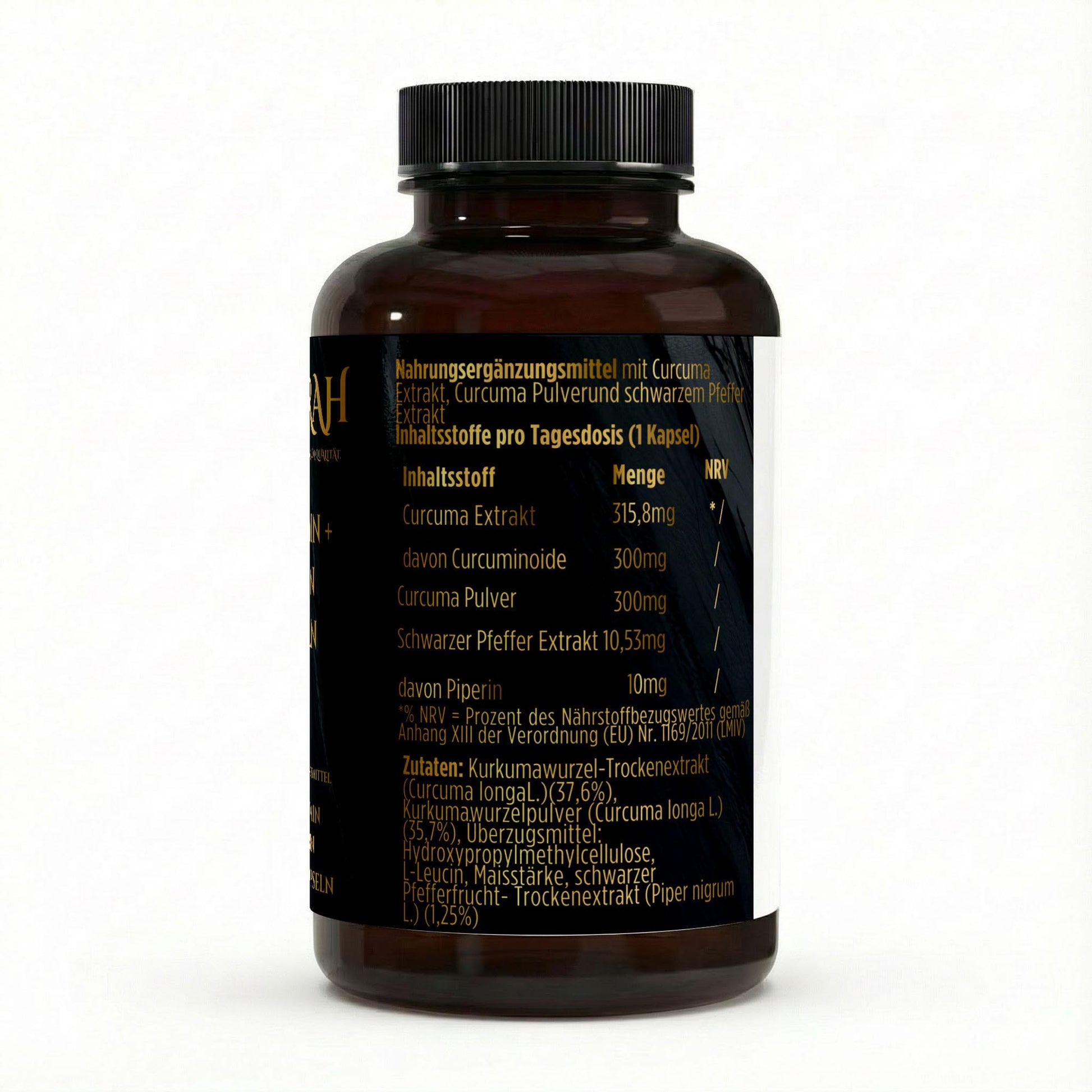 NOVERAH Curcuma Extrakt + Piperin – Produktdetail mit Nährwertangaben. Laborgeprüfte Reinheit. Premium Qualität.