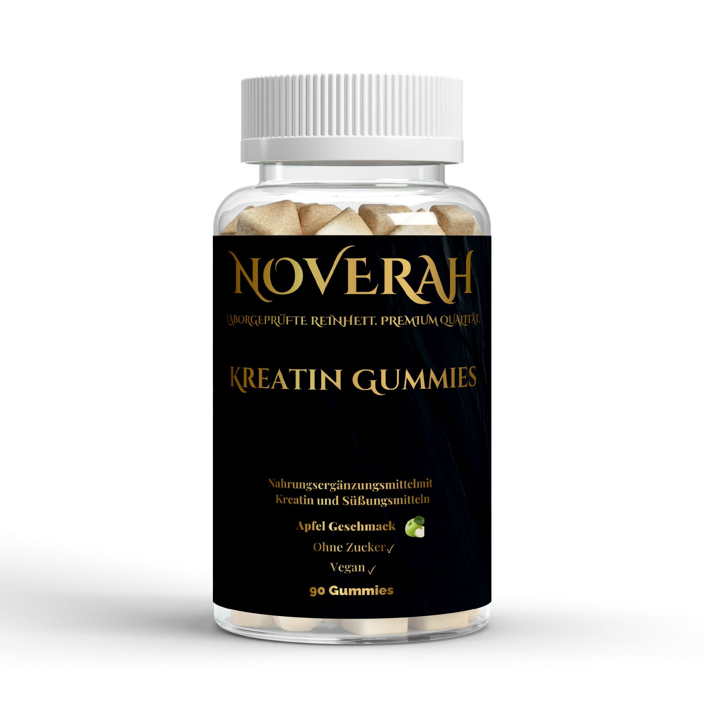 NOVERAH Kreatin Gummies Apfel – Vegane Gummies Frontansicht. Laborgeprüfte Reinheit. Premium Qualität.