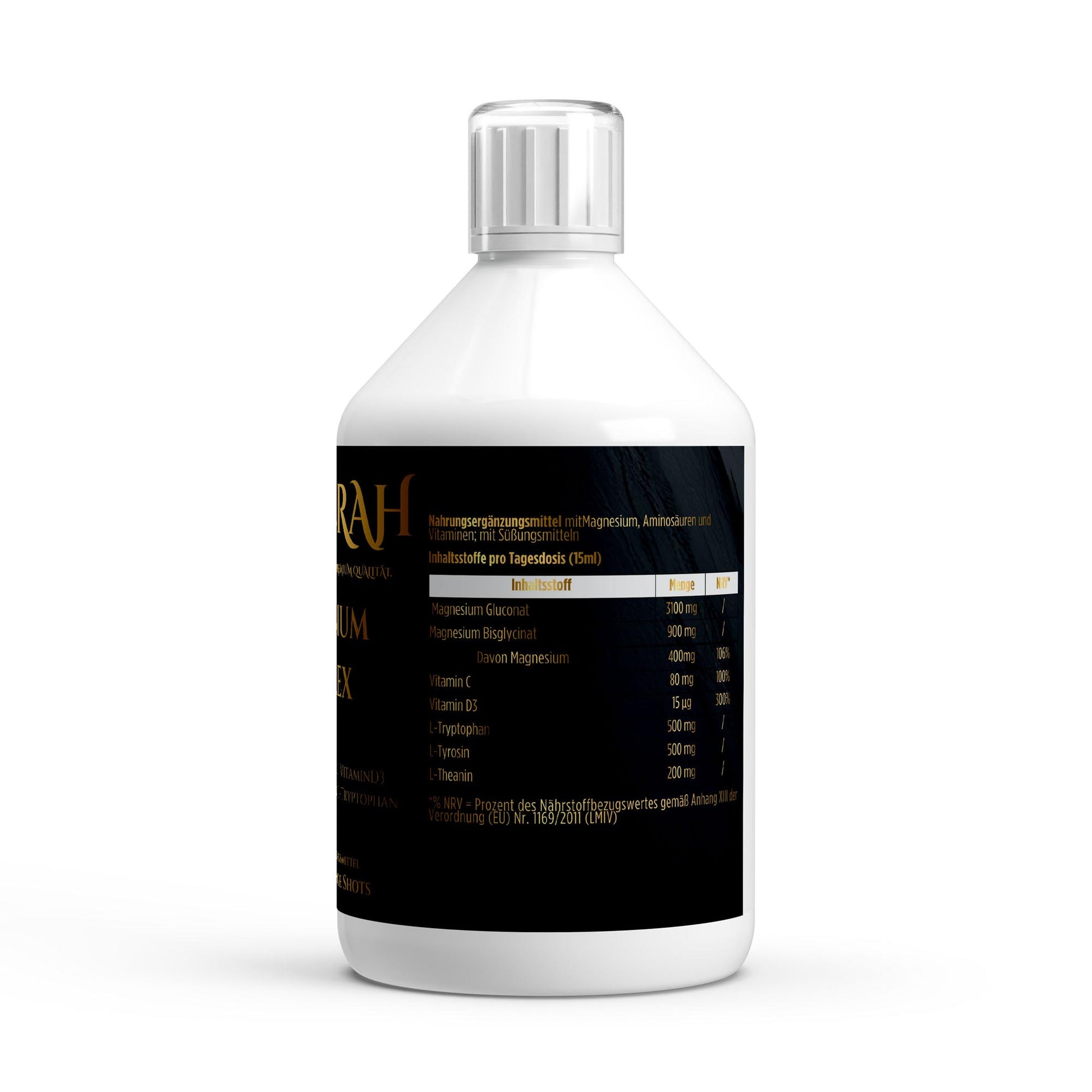 NOVERAH Magnesium Komplex Liquid Shot – Produktdetail mit Nährwertangaben. Laborgeprüfte Reinheit. Premium Qualität.