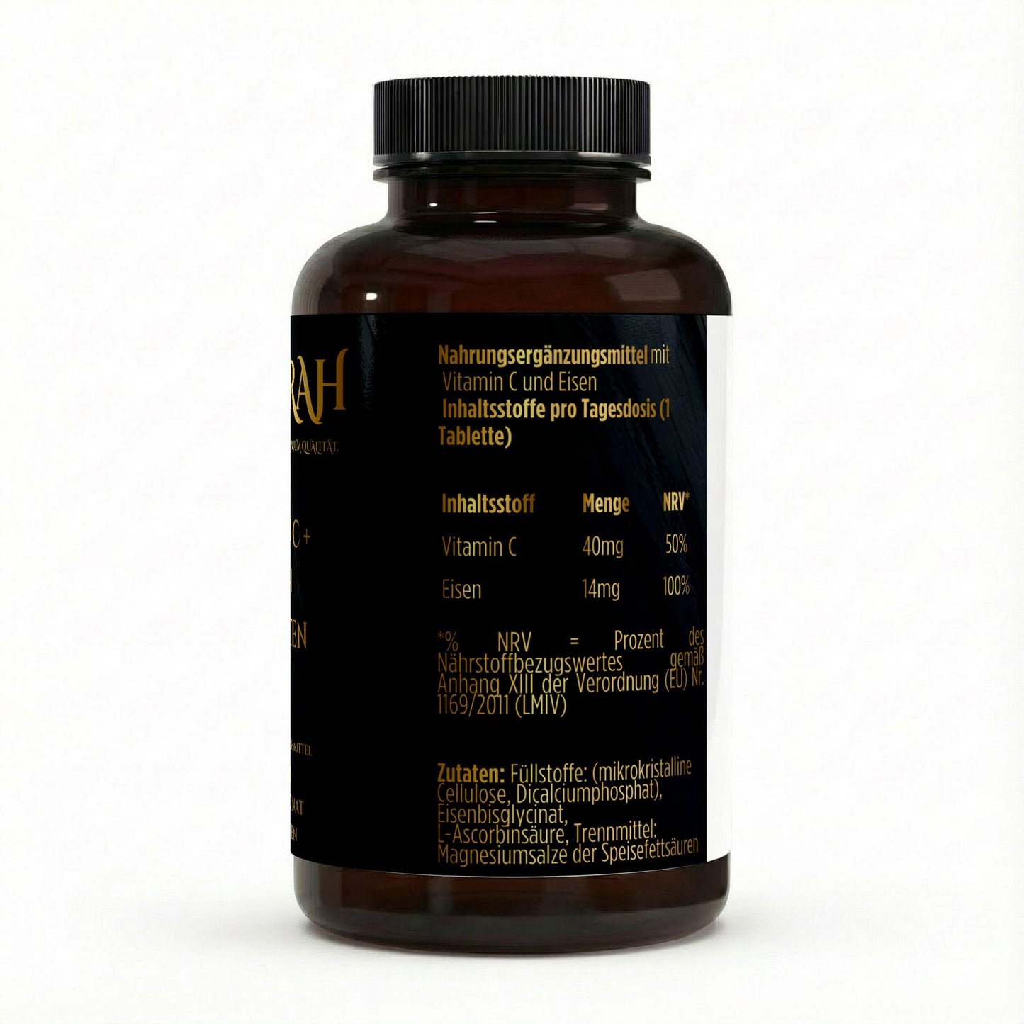 NOVERAH Eisenbisglycinat + Vitamin C Tabletten – Produktdetail mit Nährwertangaben. Laborgeprüfte Reinheit. Premium Qualität.