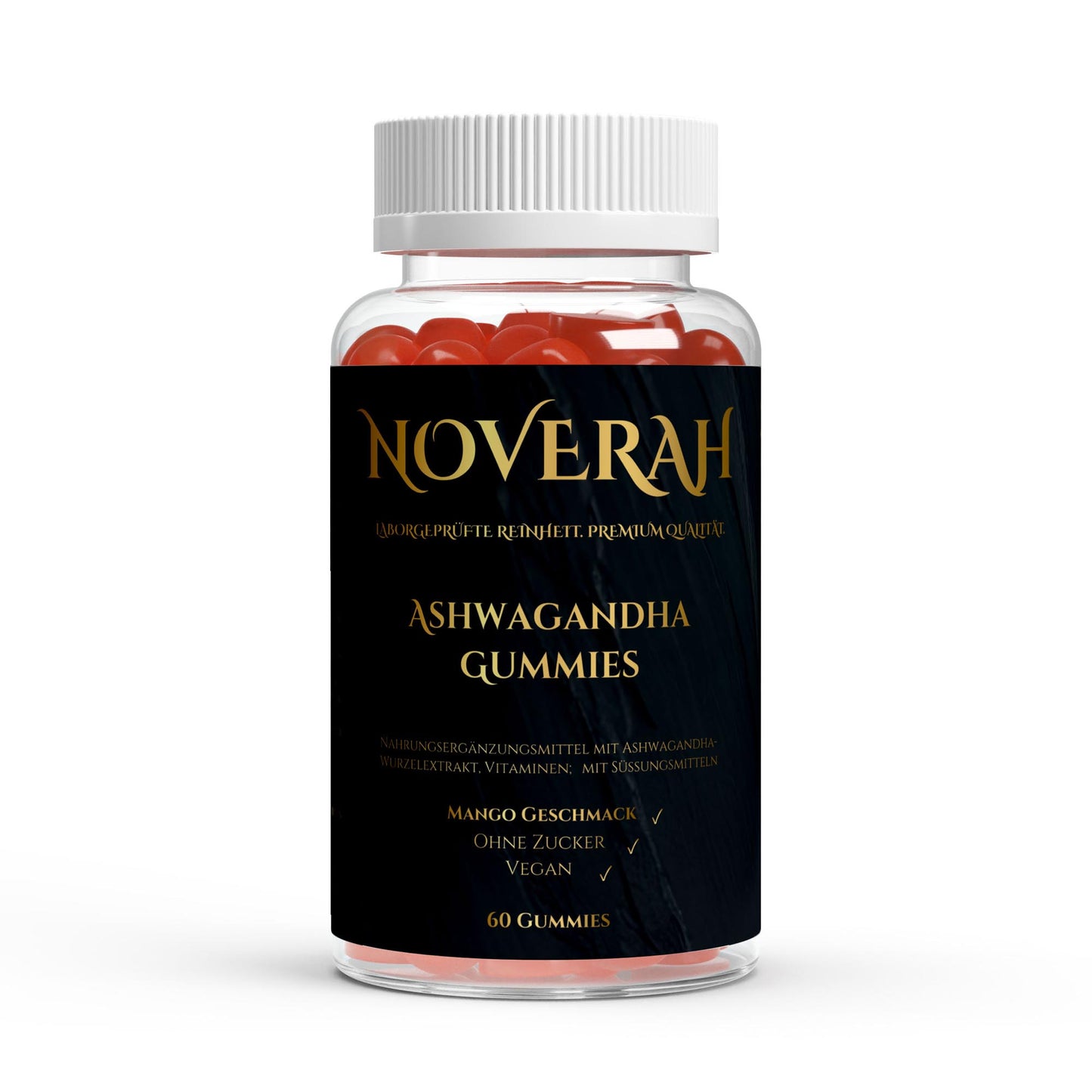 NOVERAH Ashwagandha Gummies 300 mg + Vitamin B6 – Vegane Gummies Frontansicht. Laborgeprüfte Reinheit. Premium Qualität.