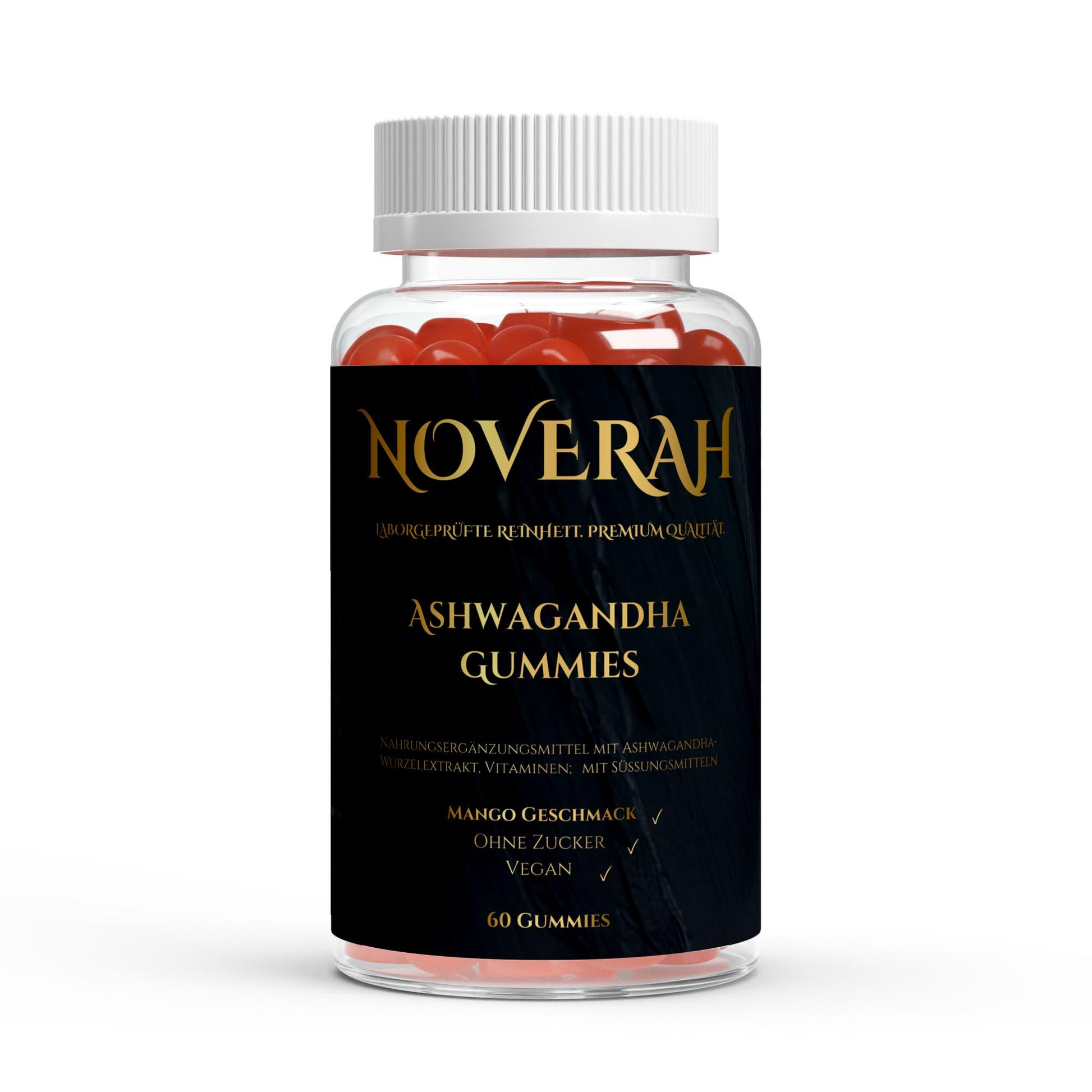 NOVERAH Ashwagandha Gummies 300 mg + Vitamin B6 – Vegane Gummies Frontansicht. Laborgeprüfte Reinheit. Premium Qualität.
