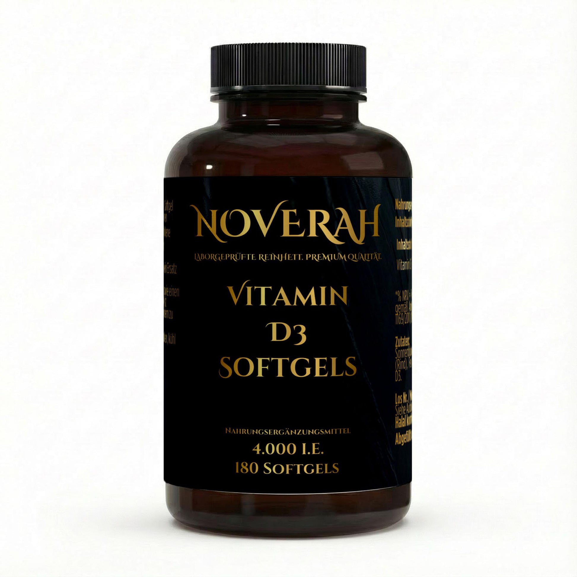 NOVERAH Vitamin D3 Softgels – Halal Softgels Frontansicht. Laborgeprüfte Reinheit. Premium Qualität.