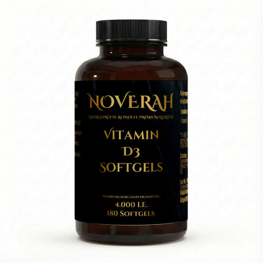 NOVERAH Vitamin D3 Softgels – Halal Softgels Frontansicht. Laborgeprüfte Reinheit. Premium Qualität.