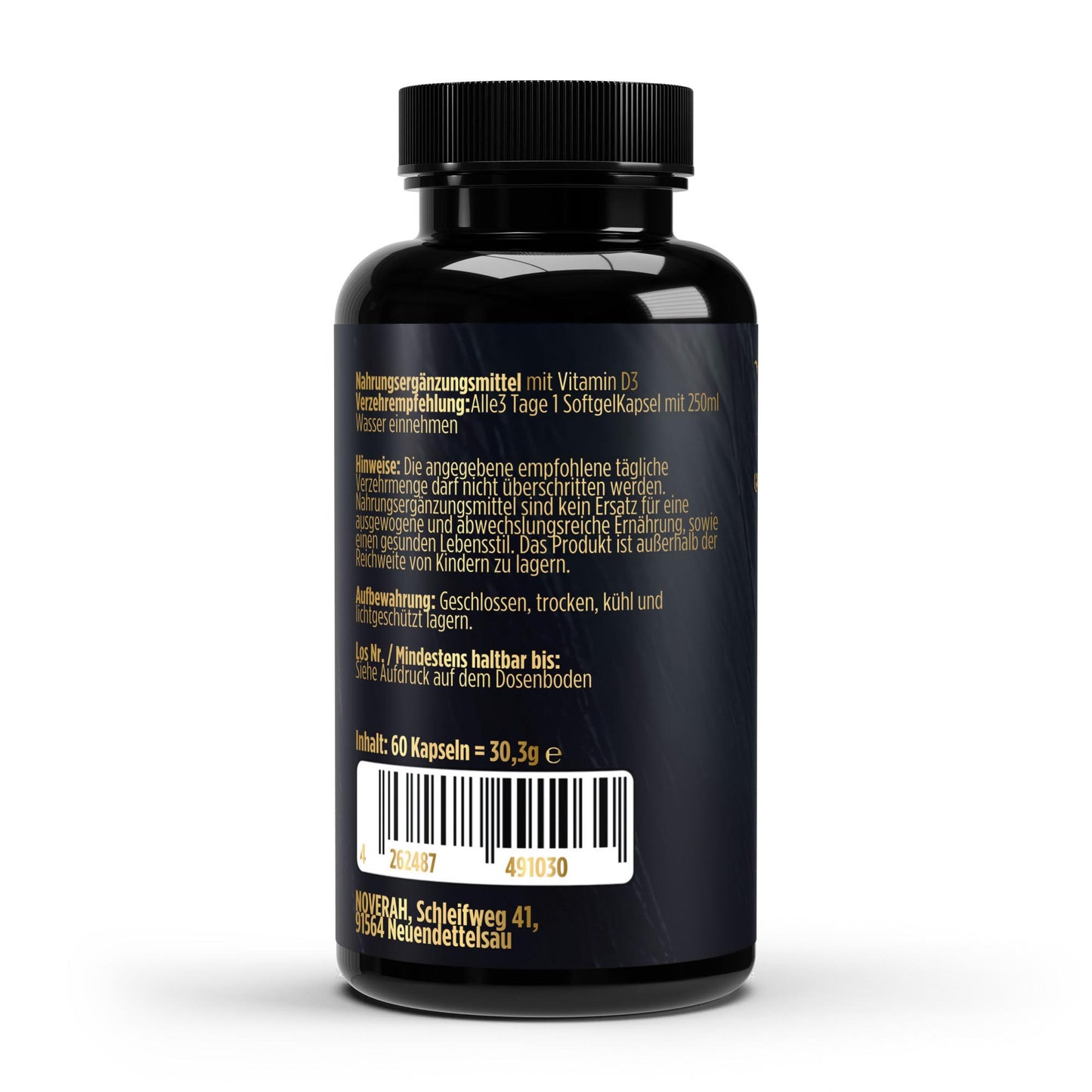 NOVERAH Vitamin D3 3000 I.E. – Produktdetail mit Nährwertangaben. Laborgeprüfte Reinheit. Premium Qualität.