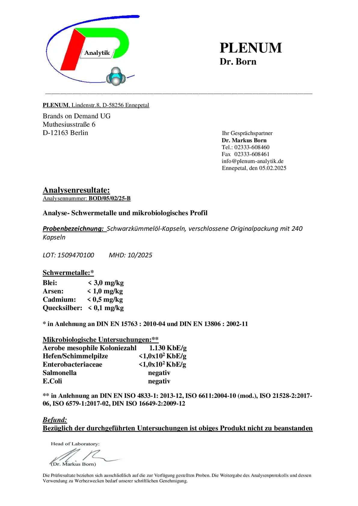 Laborbericht zu NOVERAH Aegyptisches Schwarzkuemmeloel Kapseln 0,45 Prozent Thymochinon mit unabhaengig gepruefter Qualitaet und Analysewerten