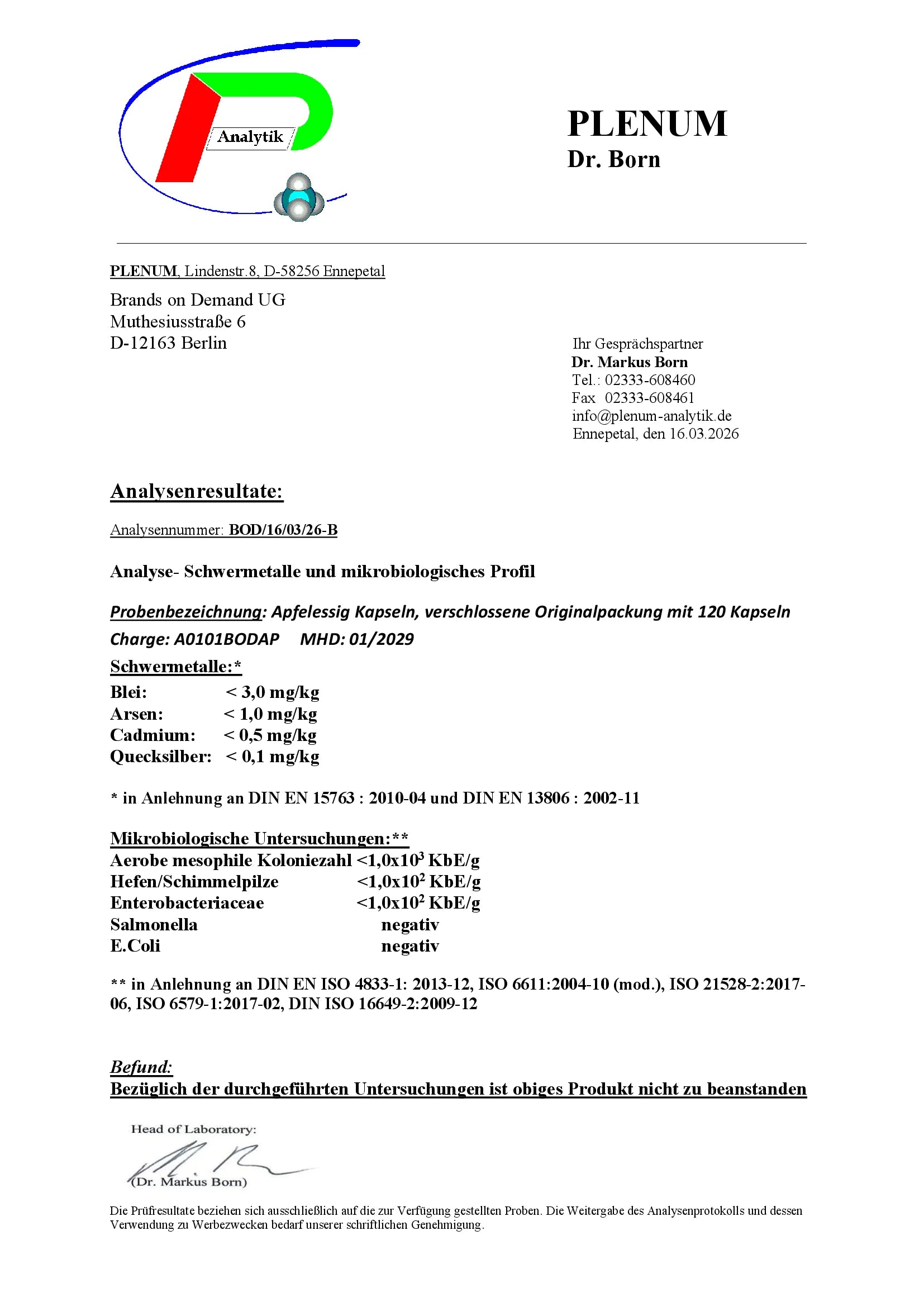 Laborbericht zu NOVERAH Apfelessig Extrakt Kapseln 1200 mg mit unabhaengig gepruefter Qualitaet und Analysewerten