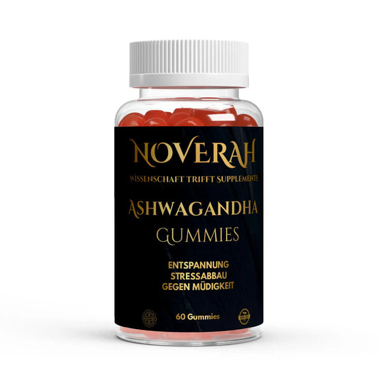 Vorderansicht der NOVERAH Ashwagandha Vitamin B6 Gummies vegan ohne Zuckerzusatz Dose mit Etikett und Verpackungsdesign