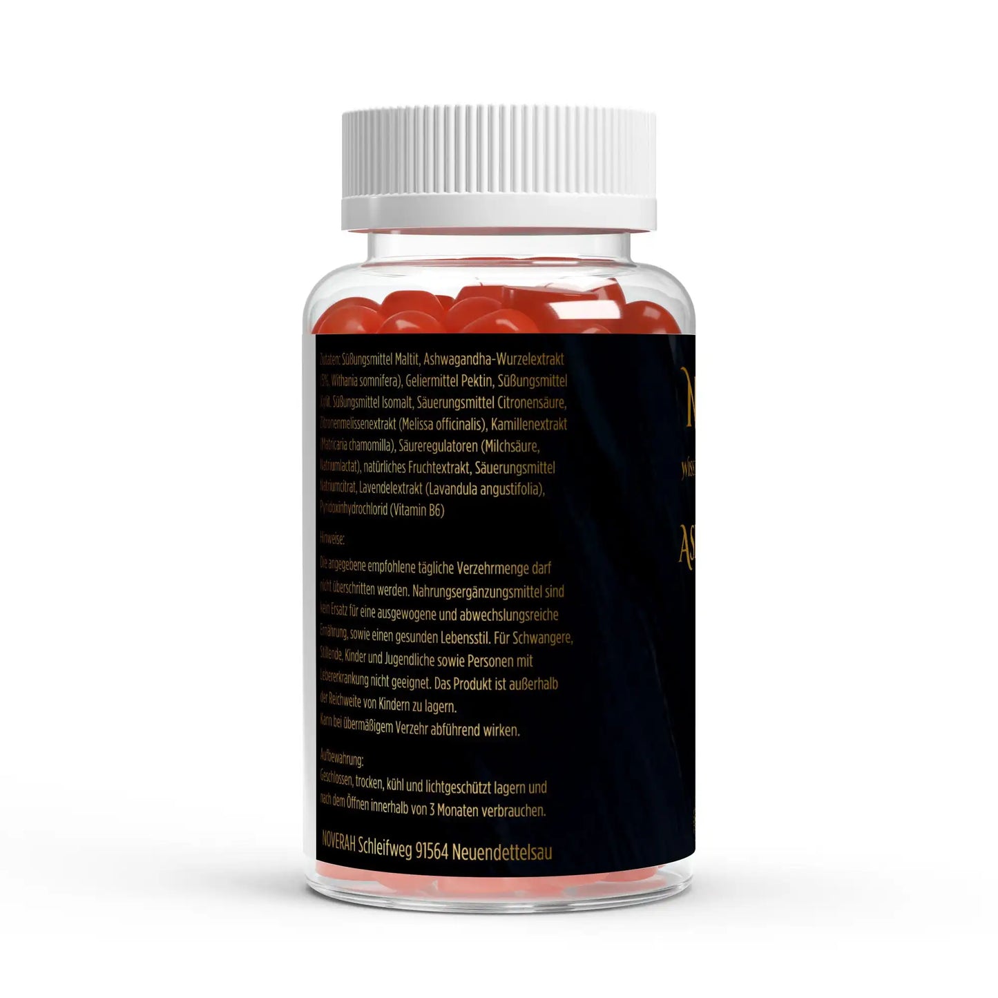 Inhaltsstoffe von NOVERAH Ashwagandha Vitamin B6 Gummies vegan ohne Zuckerzusatz mit detaillierter Deklaration der Zusammensetzung – NOVERAH
