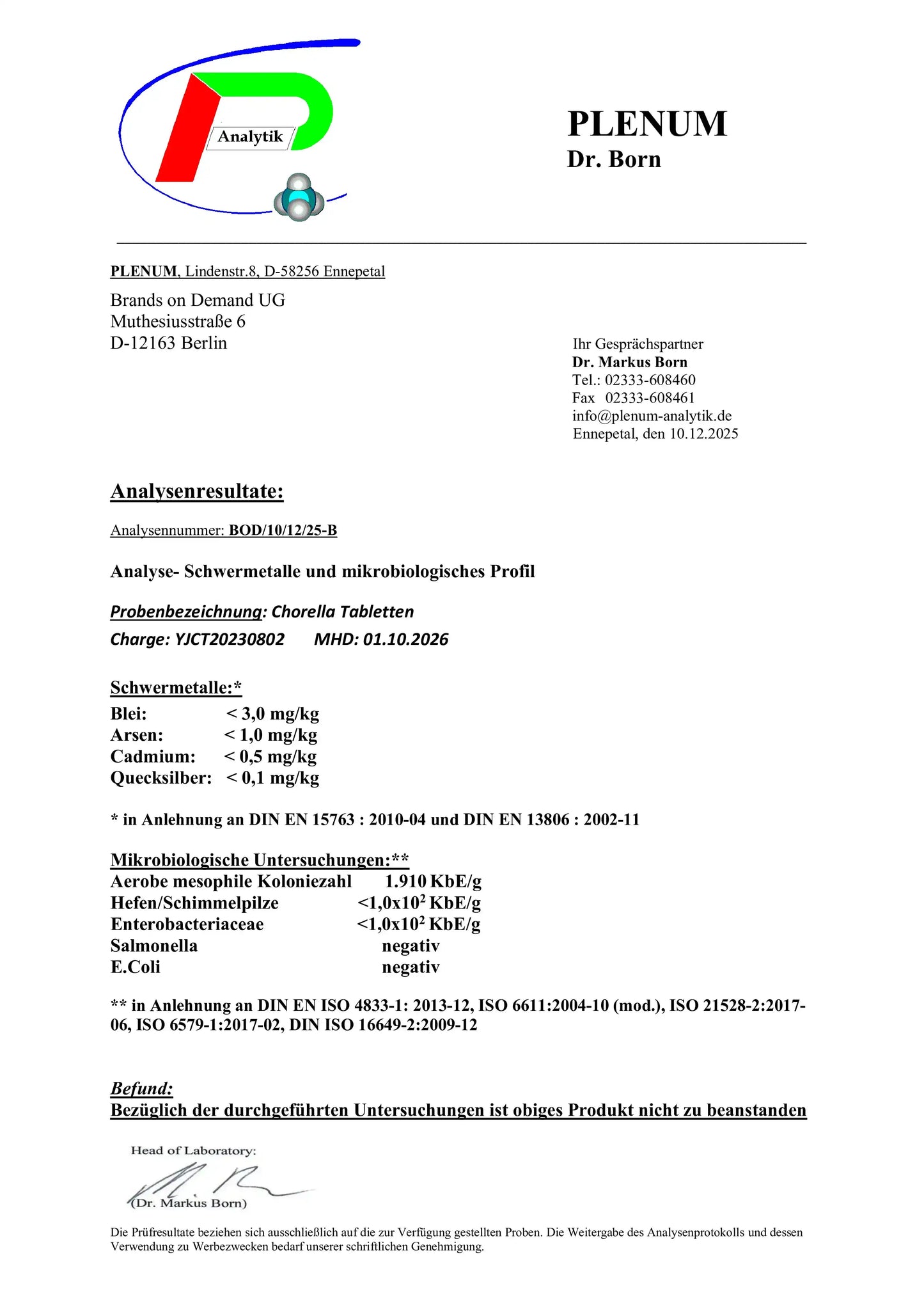 Laborbericht zu NOVERAH Chlorella Vulgaris 3000 mg Tabletten mit unabhaengig gepruefter Qualitaet und Analysewerten – NOVERAH