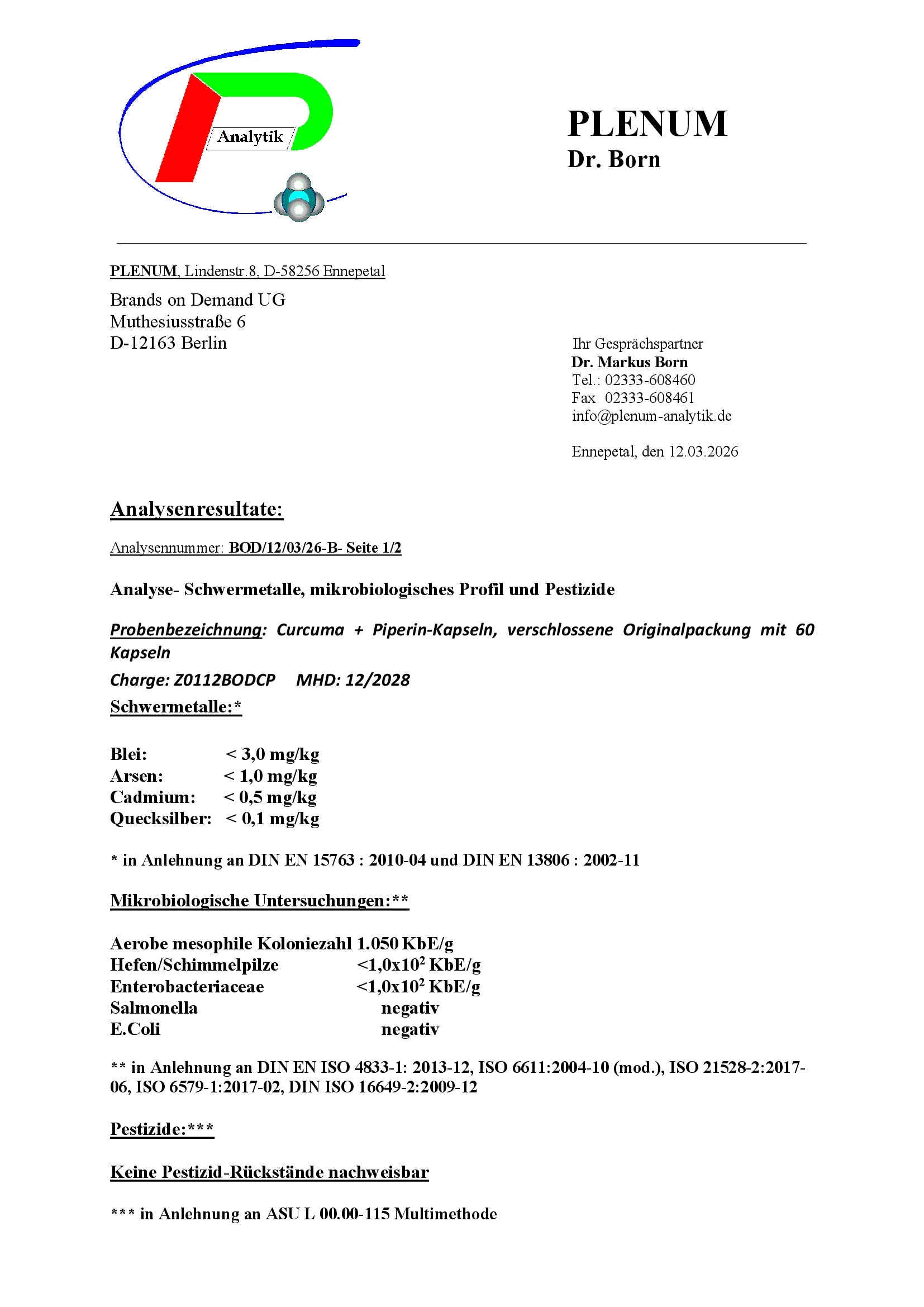 Laborbericht zu NOVERAH Curcuma Extrakt Kapseln mit Piperin mit unabhaengig gepruefter Qualitaet und Analysewerten