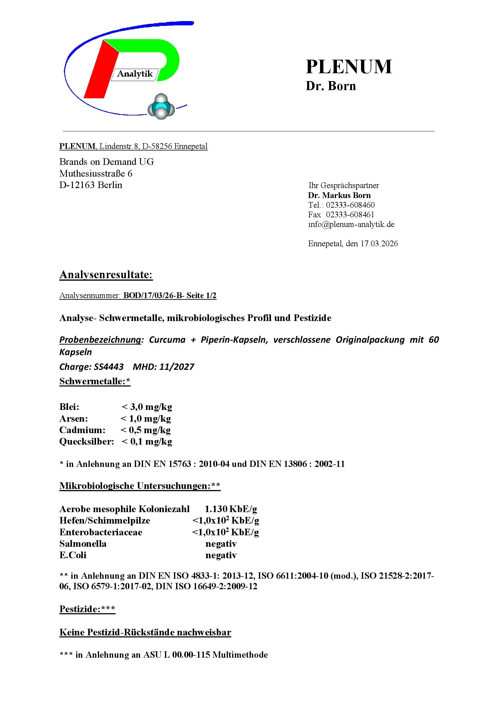 Laborbericht zu NOVERAH Curcuma Piperin Kapseln mit unabhaengig gepruefter Qualitaet und Analysewerten