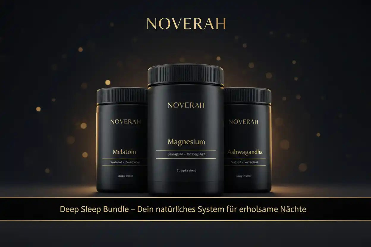NOVERAH Deep Sleep Bundle mit schwarzen Dosen fuer Melatonin Magnesium und Ashwagandha vor dunklem hintergrund

 – NOVERAH