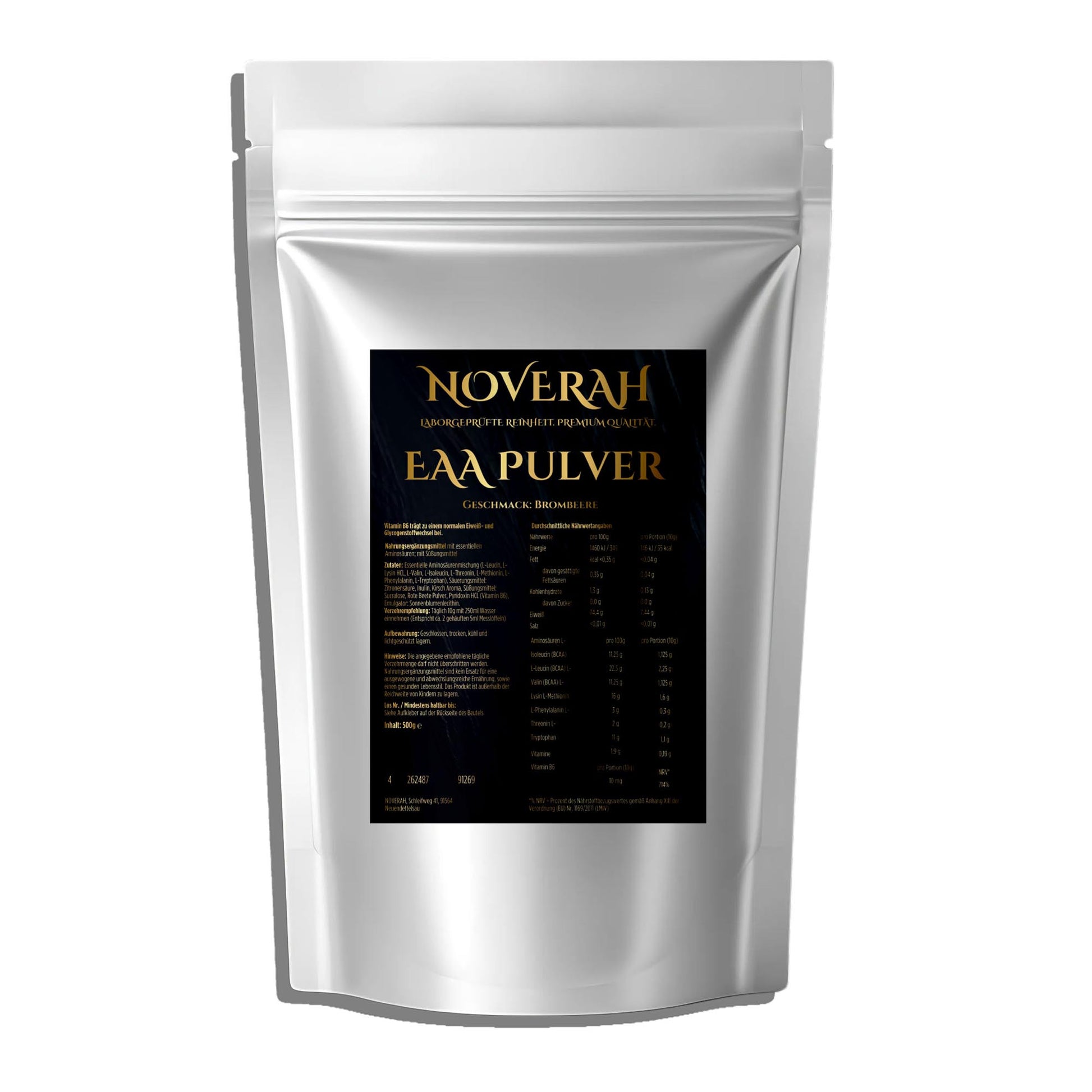 Vorderansicht der NOVERAH EAA Aminosaeuren brombeere 500g Dose mit Amino Matrix Pulver