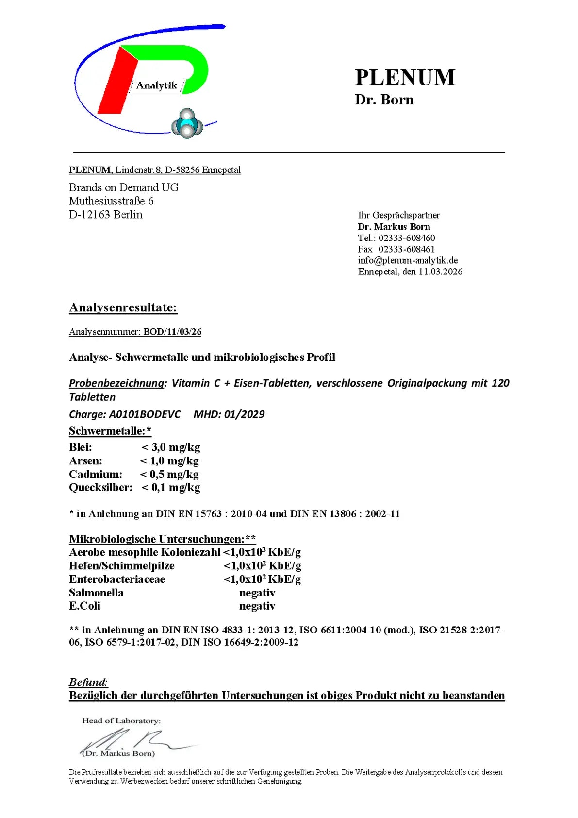Laborbericht zu NOVERAH Eisen plus Vitamin C 120 vegane Tabletten mit unabhaengig gepruefter Qualitaet und Analysewerten – NOVERAH
