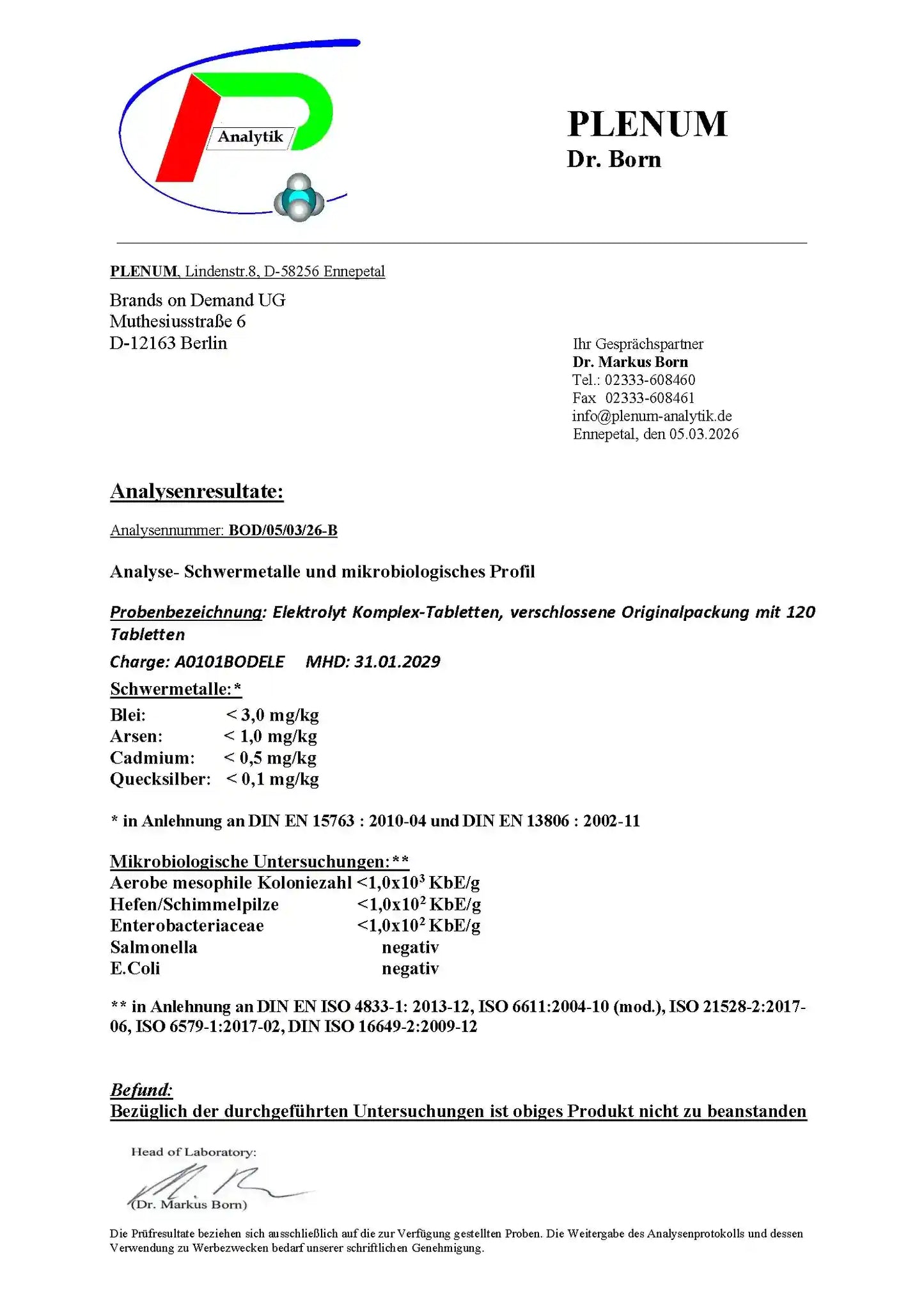 Laborbericht zu NOVERAH Elektrolyt Komplex Tabletten mit B Vitaminen mit unabhaengig gepruefter Qualitaet und Analysewerten – NOVERAH