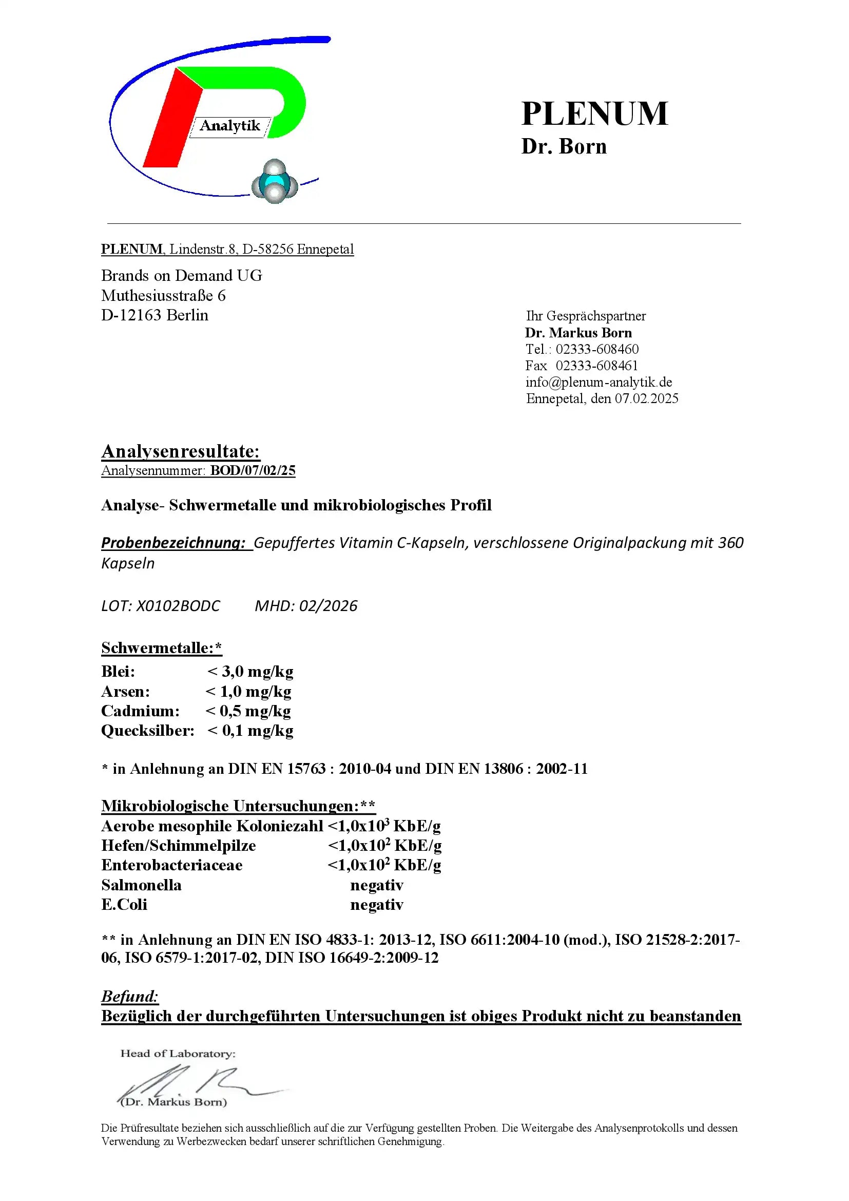 Laborbericht zu NOVERAH Gepuffertes Vitamin C 500 mg Magnesium Kapseln mit unabhaengig gepruefter Qualitaet und Analysewerten