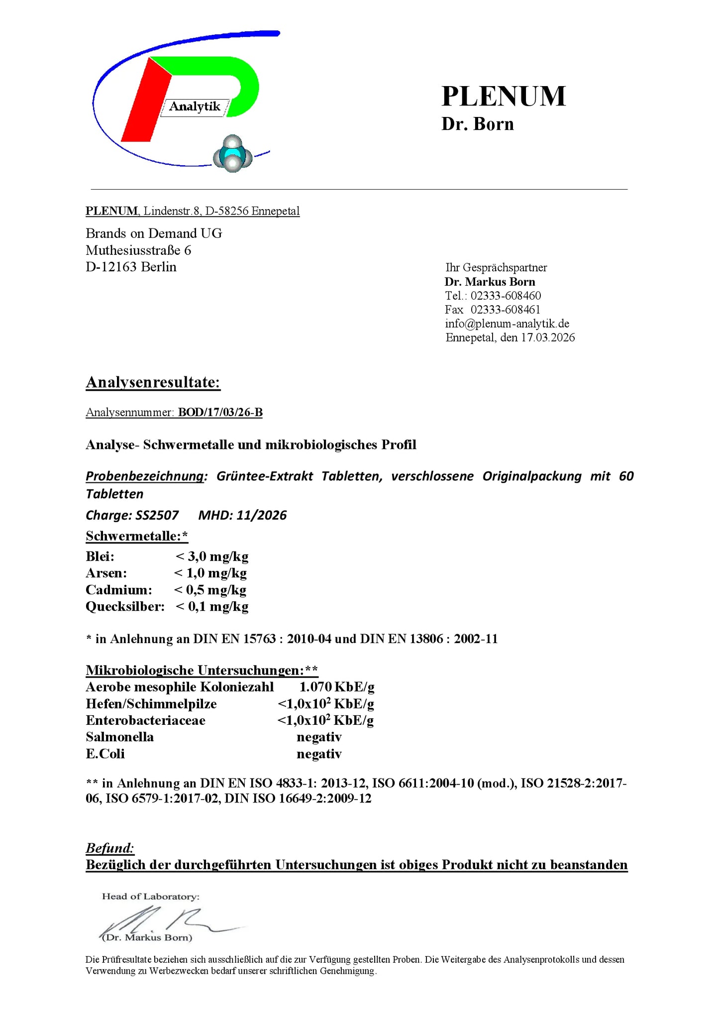 Laborbericht zu NOVERAH Gruen Tee Extrakt 40 Prozent Polyphenole Tabletten mit unabhaengig gepruefter Qualitaet und Analysewerten – NOVERAH