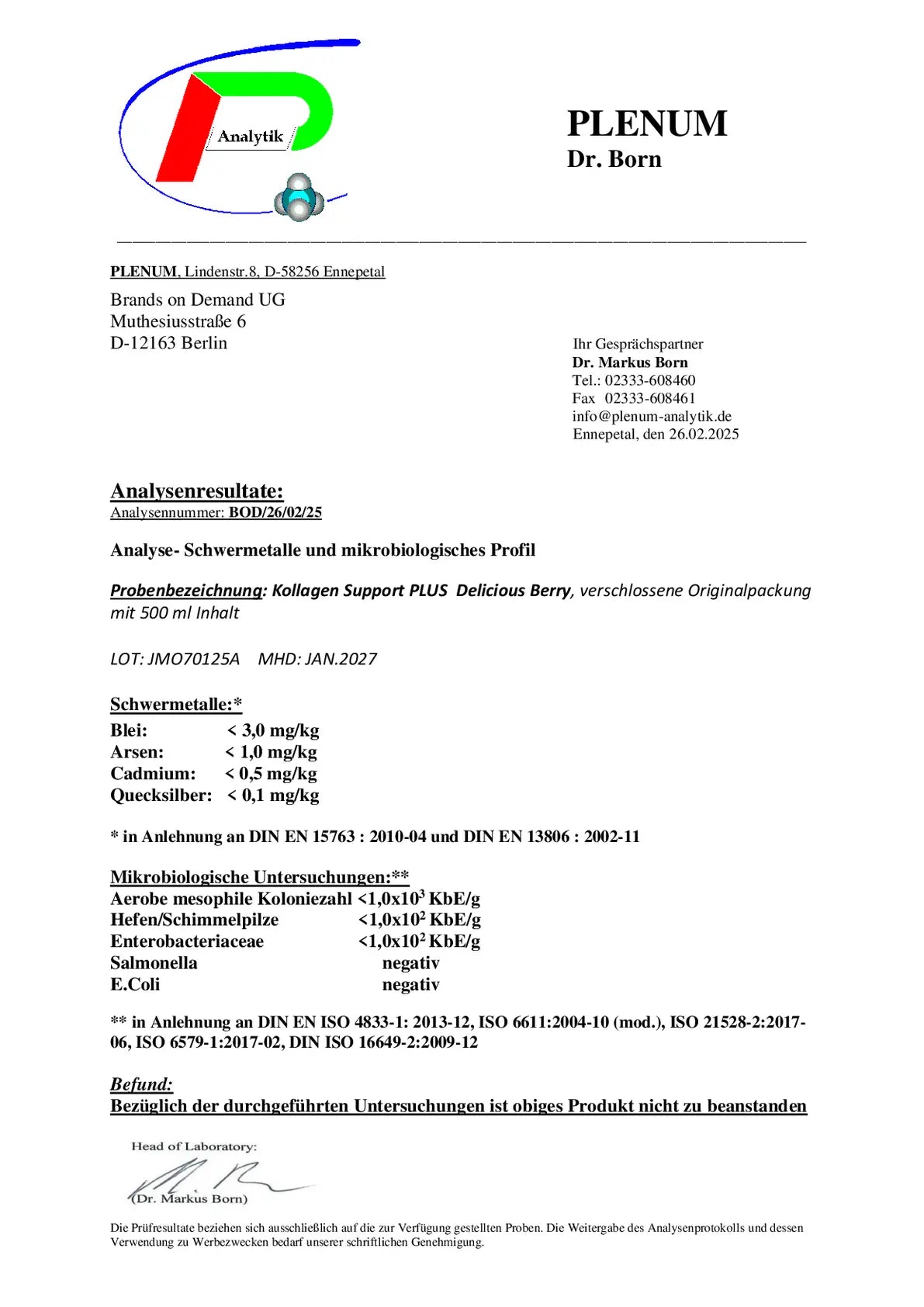 Laborbericht zu NOVERAH Kollagen Support Plus Shots 1500 Da Wild Berry 500 ml mit unabhaengig gepruefter Qualitaet und Analysewerten – NOVERAH