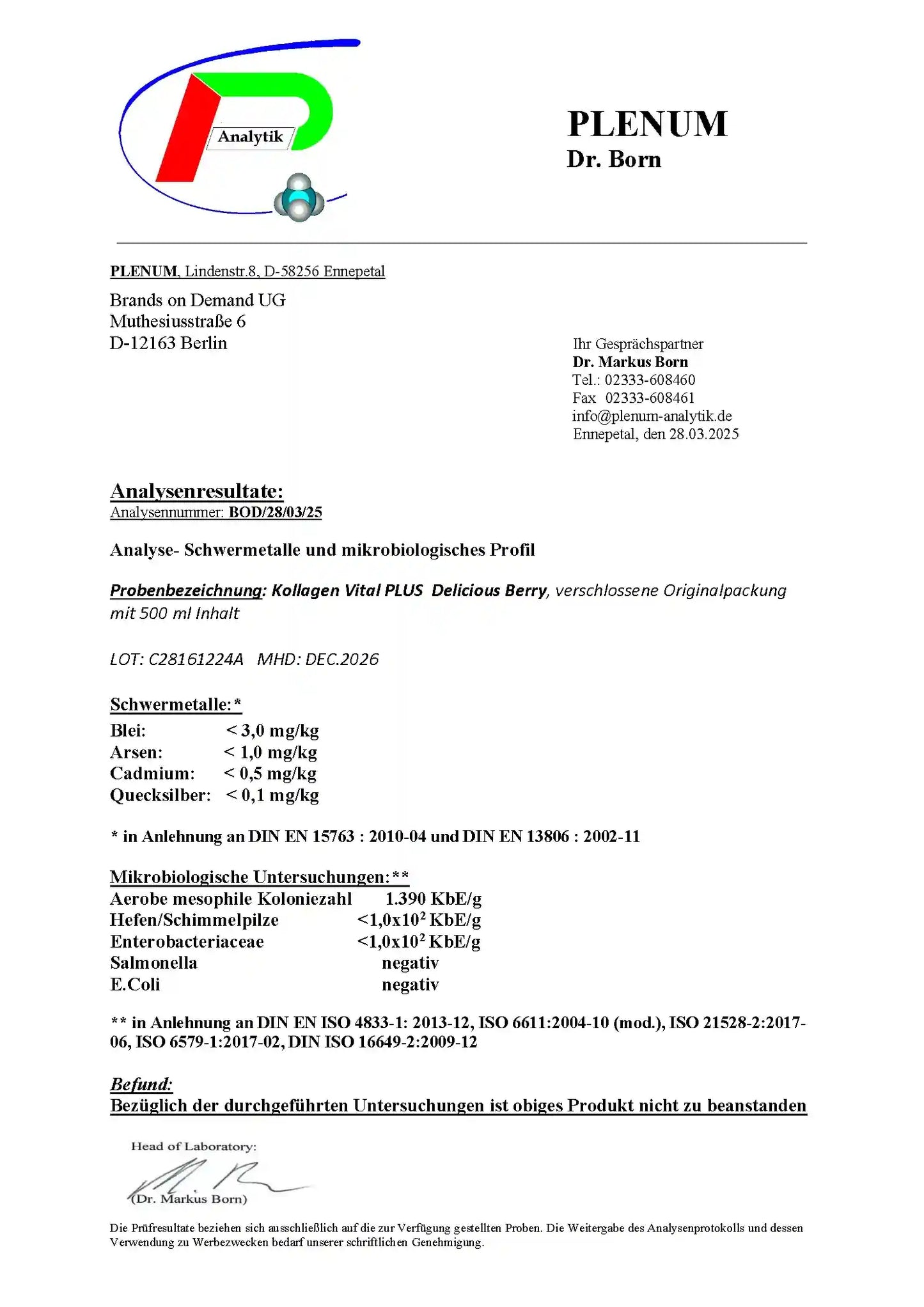 Laborbericht zu NOVERAH Kollagen Vital Plus Shot 1500 Da 500 ml mit unabhaengig gepruefter Qualitaet und Analysewerten – NOVERAH
