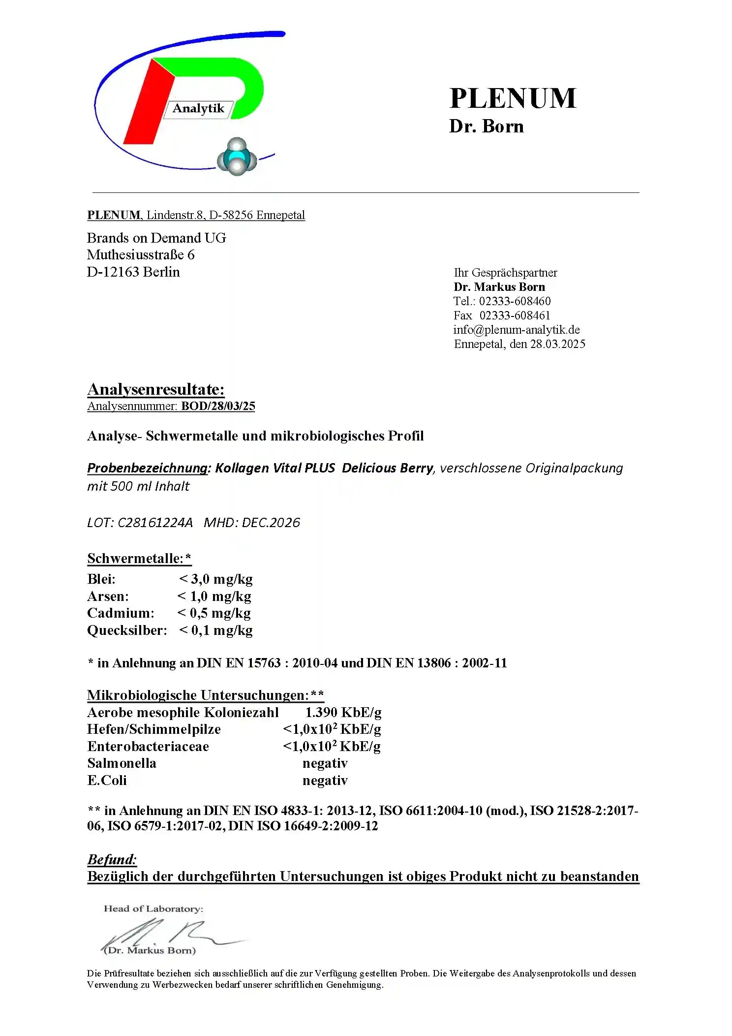 Laborbericht zu NOVERAH Kollagen Vital Plus Shot 1500 Da 500 ml mit unabhaengig gepruefter Qualitaet und Analysewerten