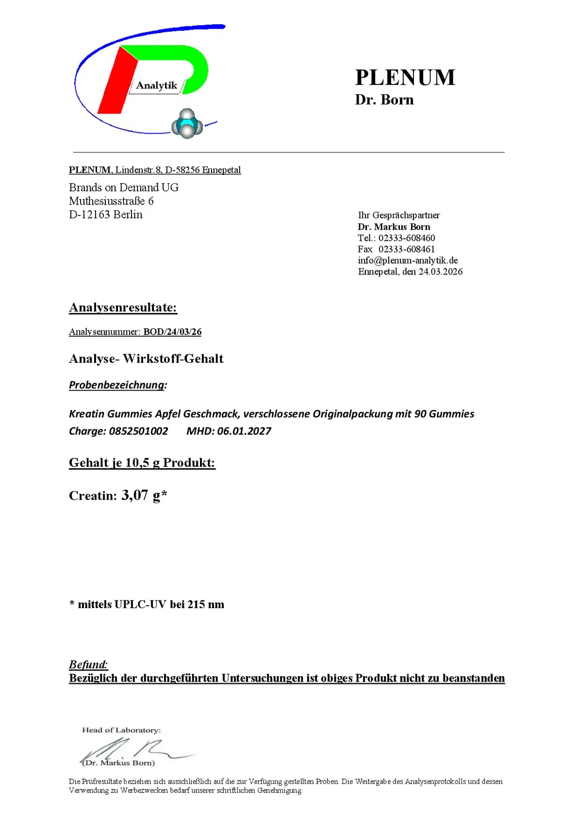 Laborbericht zu NOVERAH Kreatin Gummies vegan 3g pro Tag mit unabhaengig gepruefter Qualitaet und Analysewerten