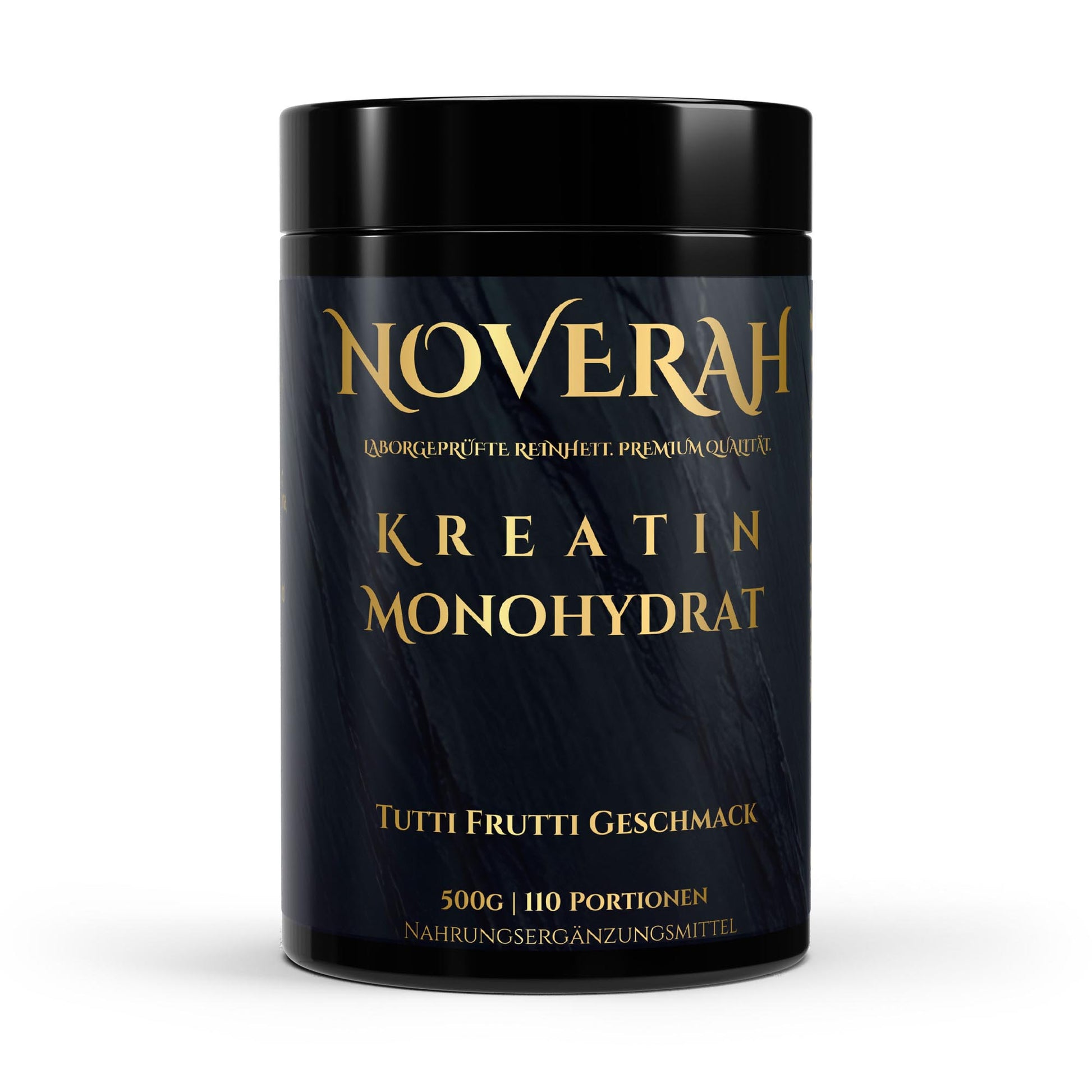 Vorderansicht der NOVERAH Kreatin Monohydrat Pulver mit Tutti Frutti Geschmack Dose mit Etikett und Verpackungsdesign