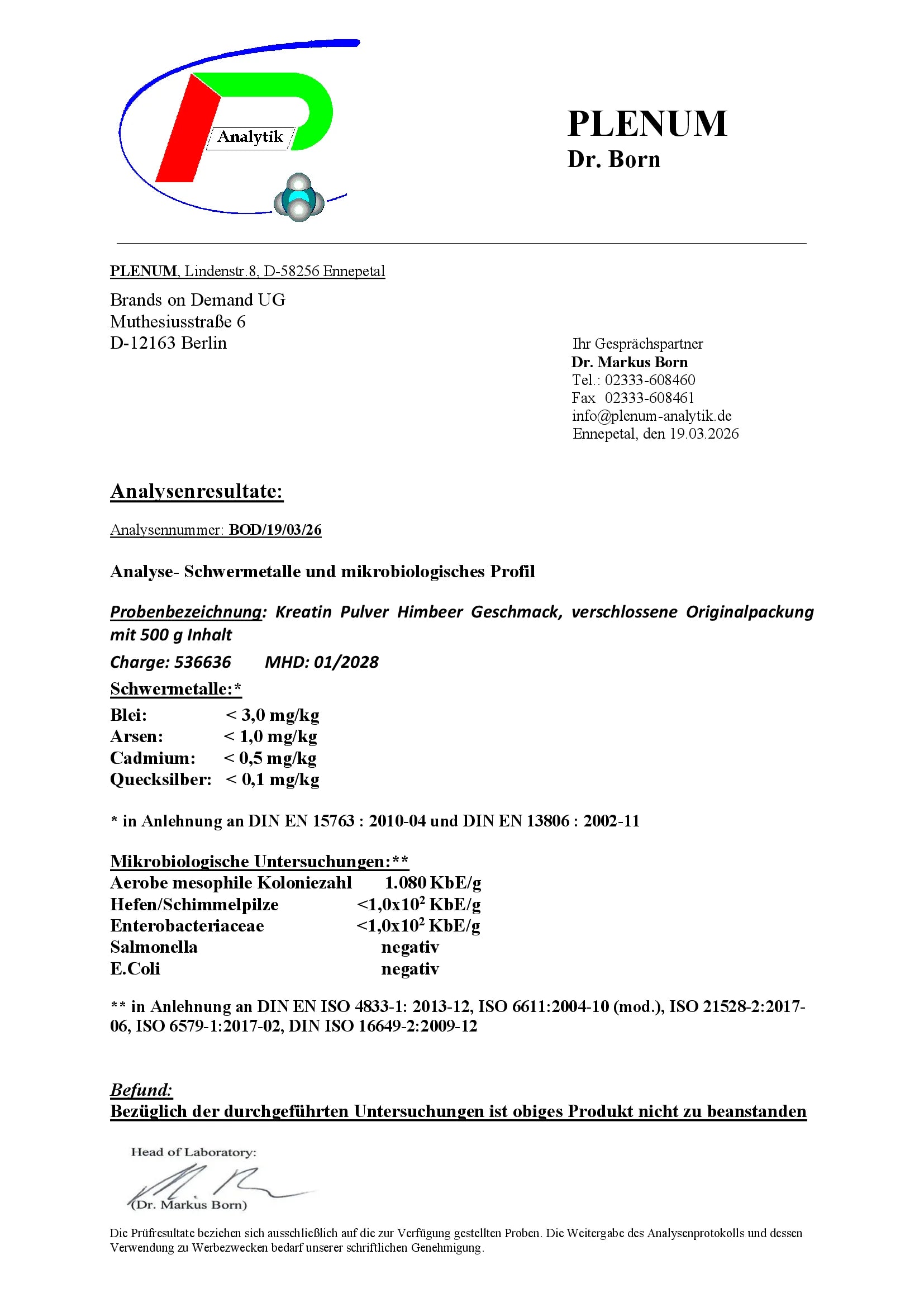 Laborbericht zu NOVERAH Kreatin Monohydrat Pulver mit Geschmack mit unabhaengig gepruefter Qualitaet und Analysewerten