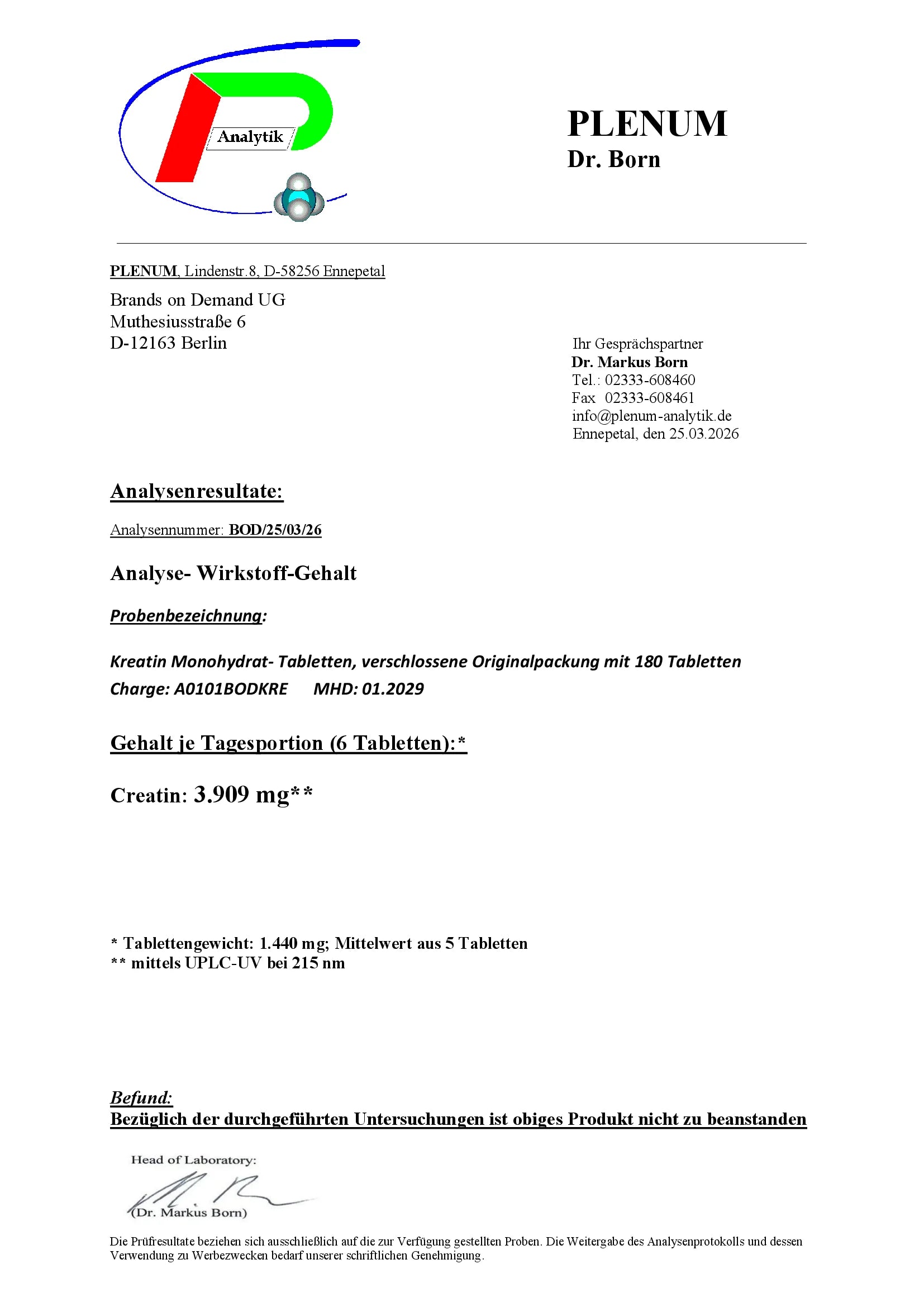 Laborbericht zu NOVERAH Kreatin Tabletten Monohydrat vegan mit unabhaengig gepruefter Qualitaet und Analysewerten