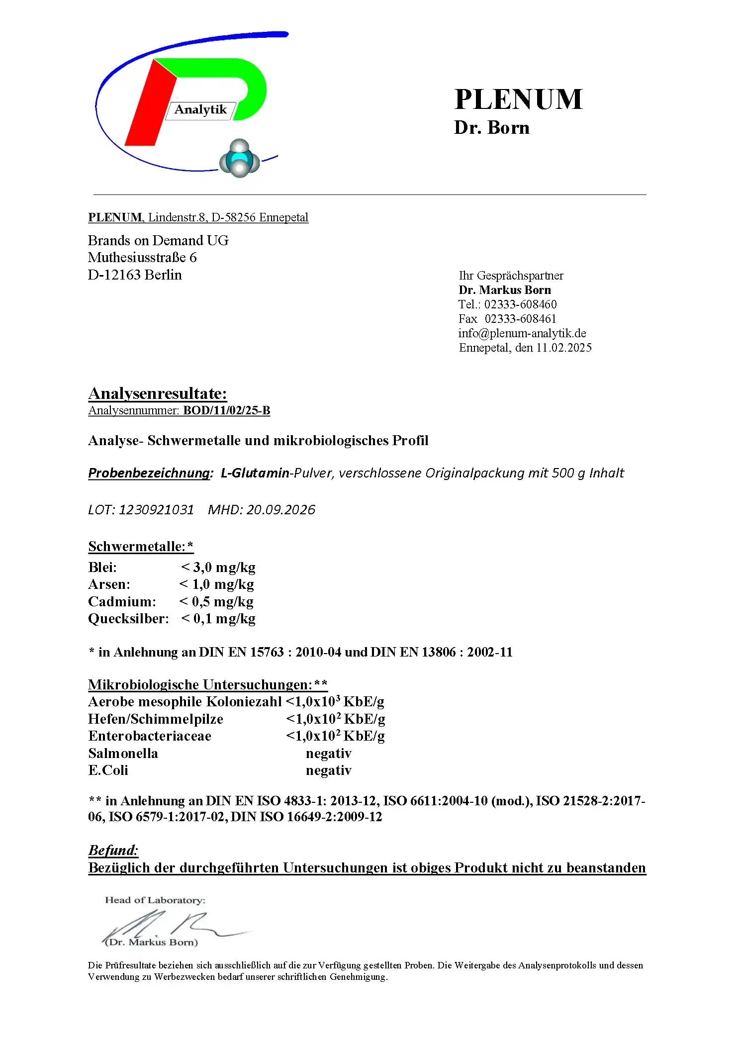 Laborbericht zu NOVERAH L Glutamin Pulver 500 g mit unabhaengig gepruefter Qualitaet und Analysewerten