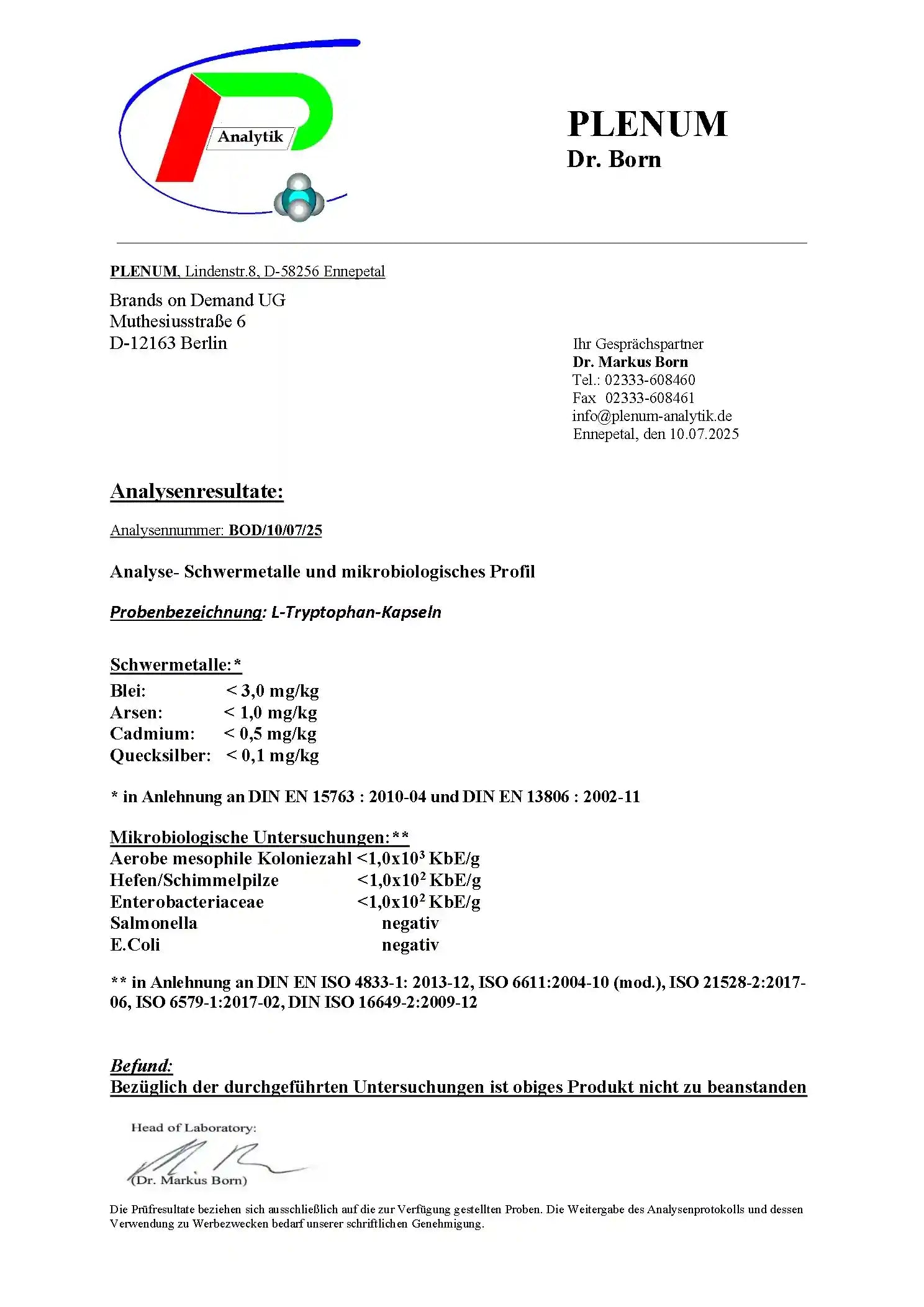 Laborbericht zu NOVERAH L Tryptophan 500 mg Kapseln mit unabhaengig gepruefter Qualitaet und Analysewerten
