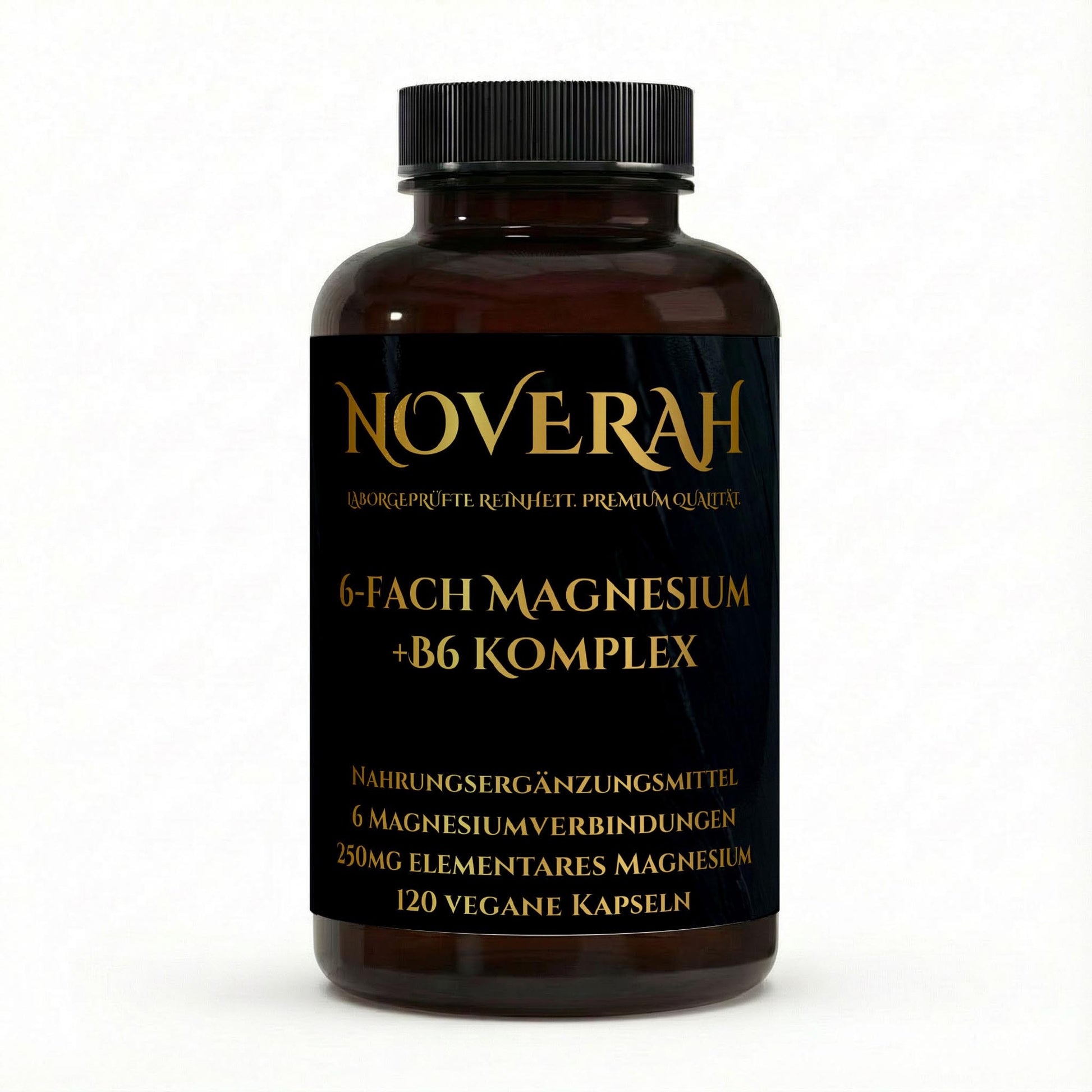Vorderansicht der NOVERAH Magnesium Komplex Kapseln 6 fach mit Vitamin B6 Dose mit Etikett und Verpackungsdesign