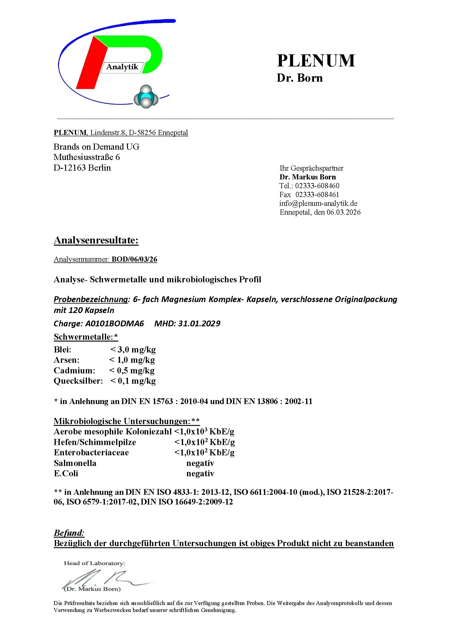 Laborbericht zu NOVERAH Magnesium Komplex Kapseln 6 fach mit Vitamin B6 mit unabhaengig gepruefter Qualitaet und Analysewerten